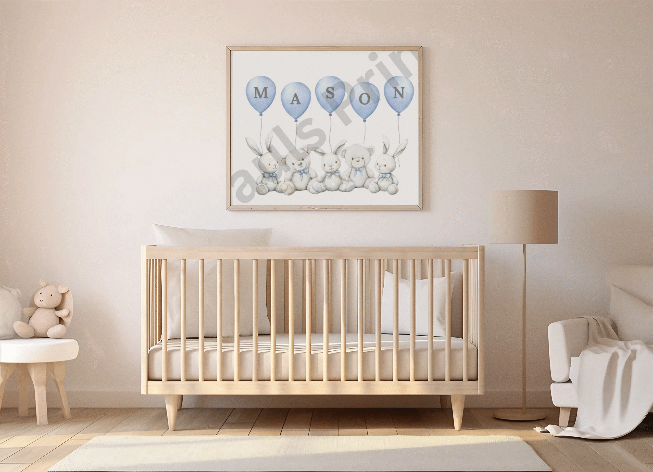 Framed nursery wall art with MASON in blue balloons held by rabbits and teddy bears, above a wooden cot in a soft neutral nursery