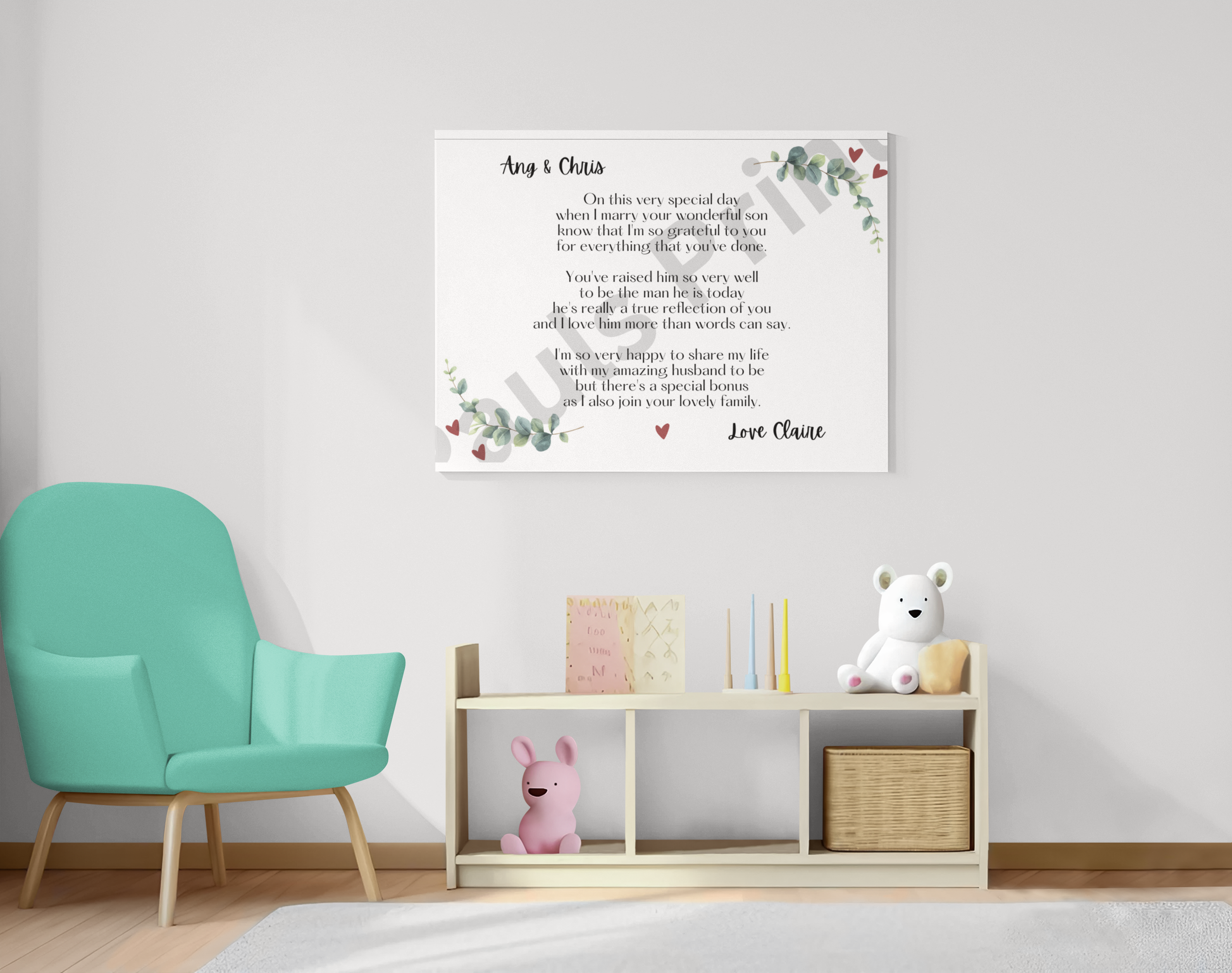 Poem print mounted on wall above a child’s shelf and pastel green armchair in a nursery-style room