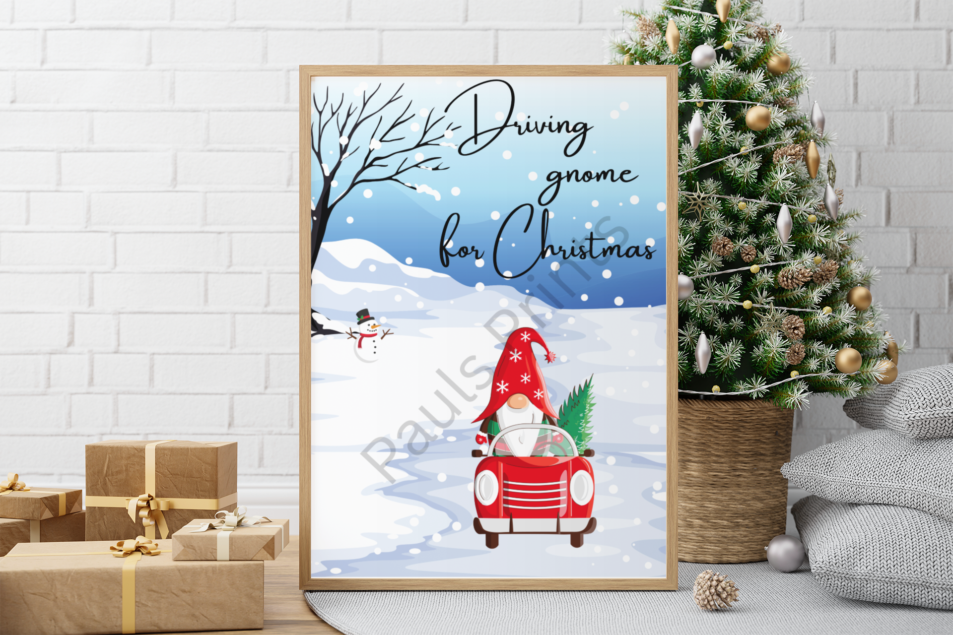 Christmas gnome in a red car carrying a tree, framed artwork displayed beside wrapped presents and a decorated tree.