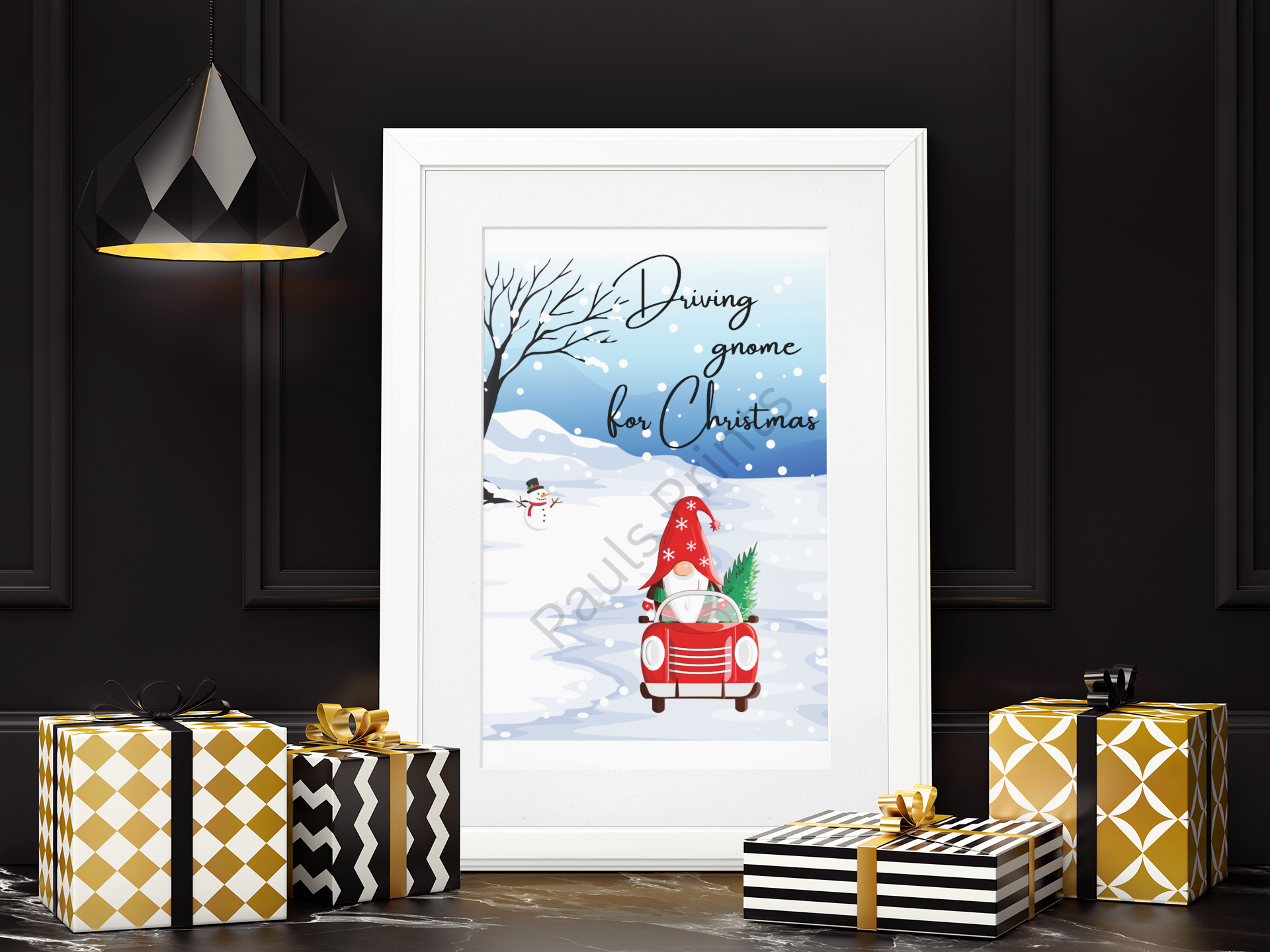 Christmas gnome in red car artwork in modern white frame, displayed with gold and black wrapped gifts.