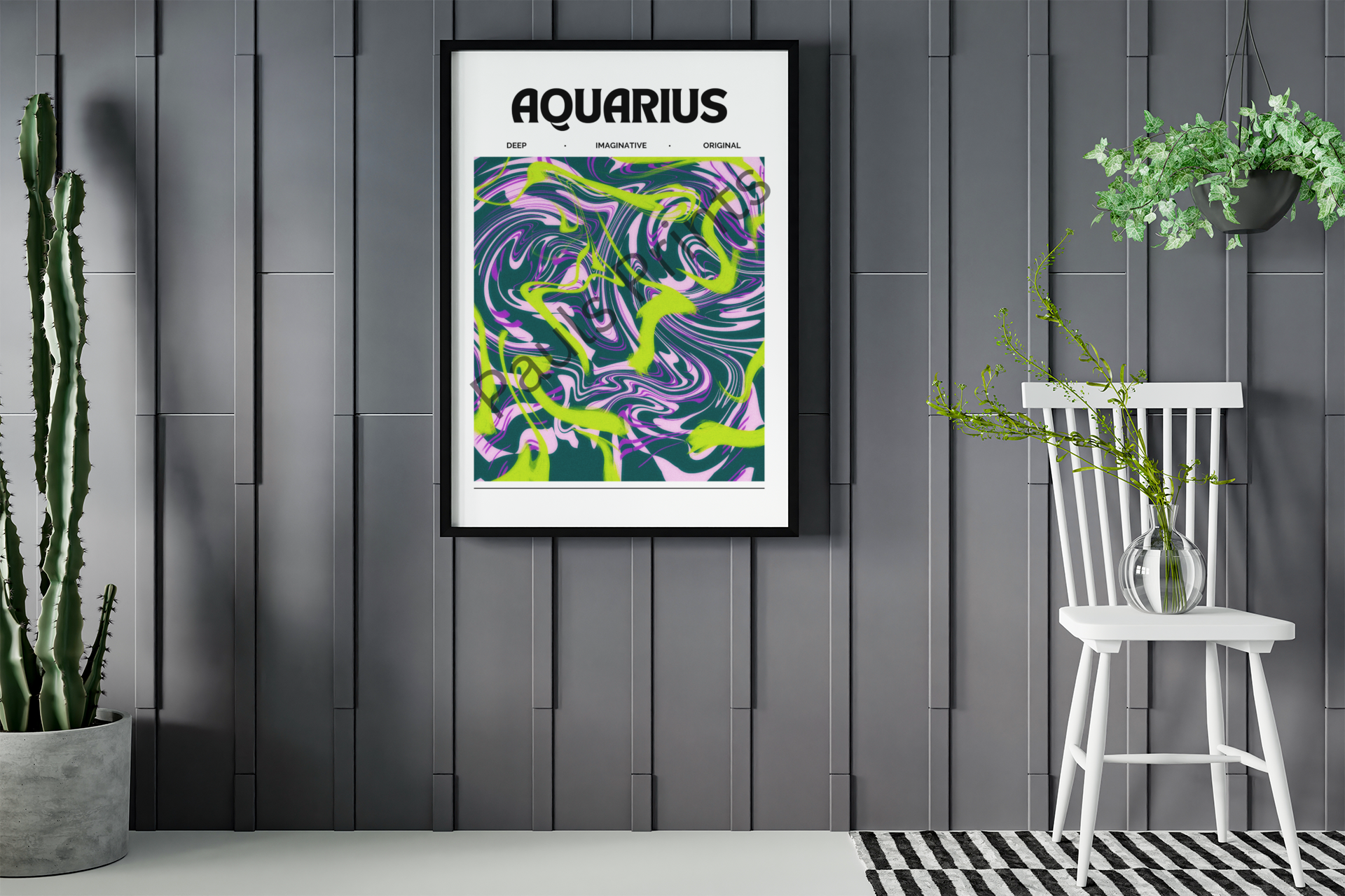 Bold Aquarius zodiac print with vibrant swirling lines, framed in black and styled on a grey feature wall with plants and a modern chair.