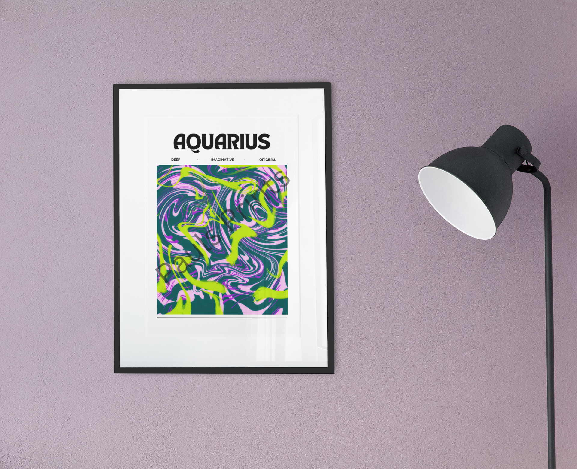 Framed Aquarius zodiac artwork in vivid greens and purples, mounted on a soft lavender wall next to a sleek black floor lamp.
