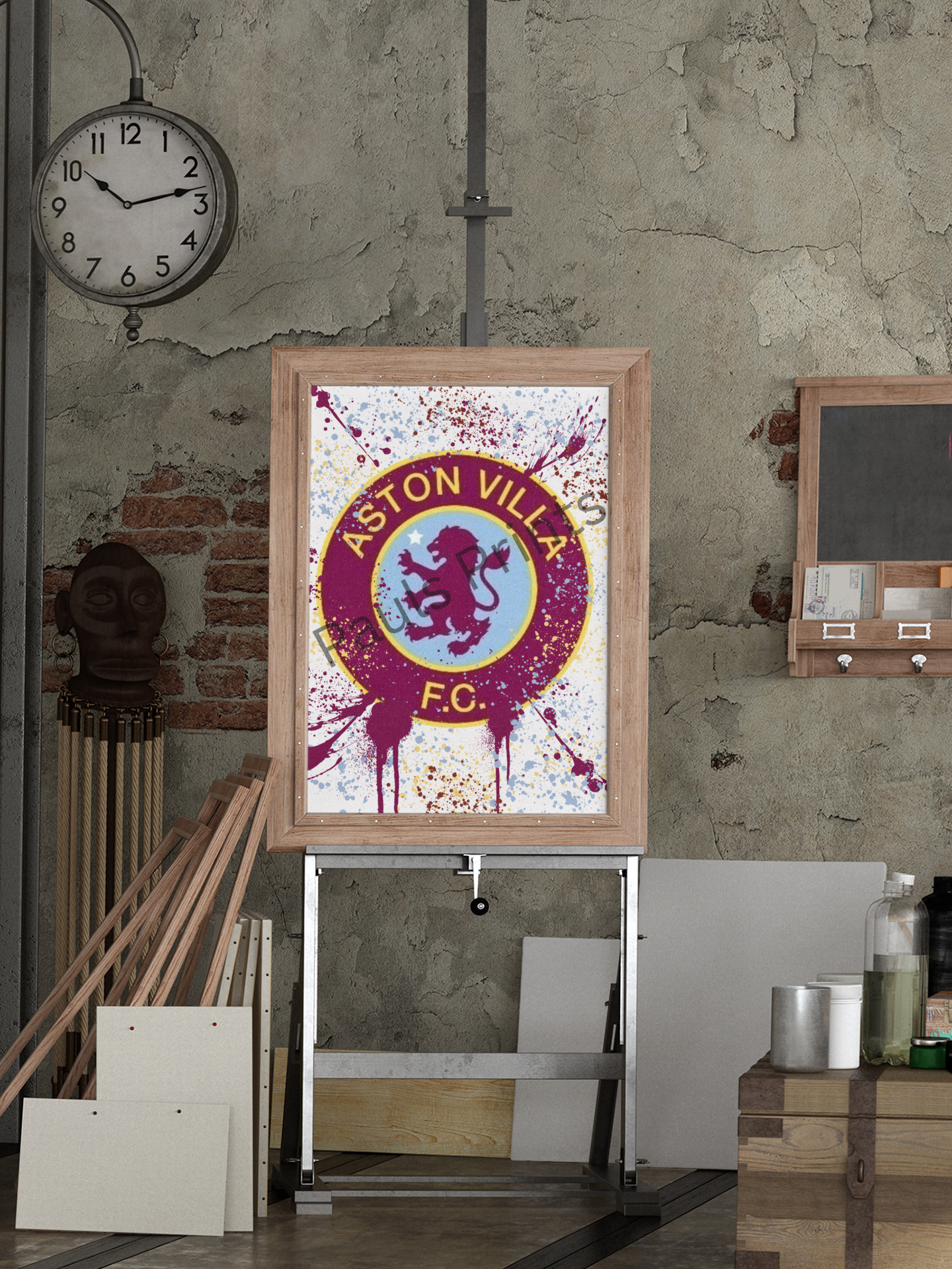 Aston Villa FC framed art resting on a stand in a rustic workshop with exposed brick and industrial decor.