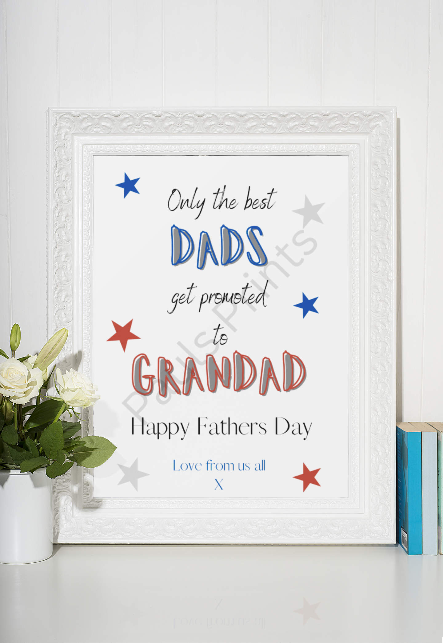 Text: Grandad-themed print in white ornate frame with roses and books on a white shelf.