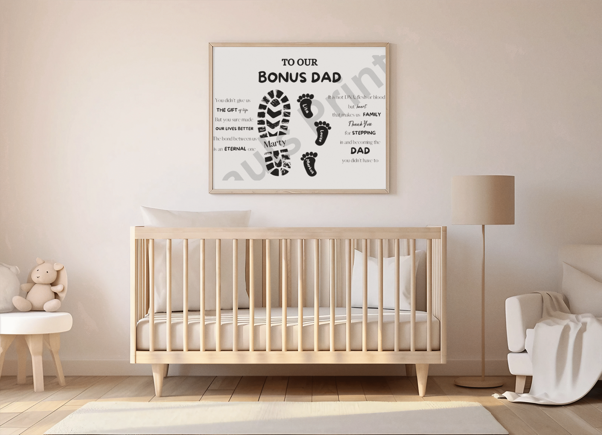 Framed “Bonus Dad” print displayed above a light wooden cot in a softly lit nursery with neutral decor and warm tones.