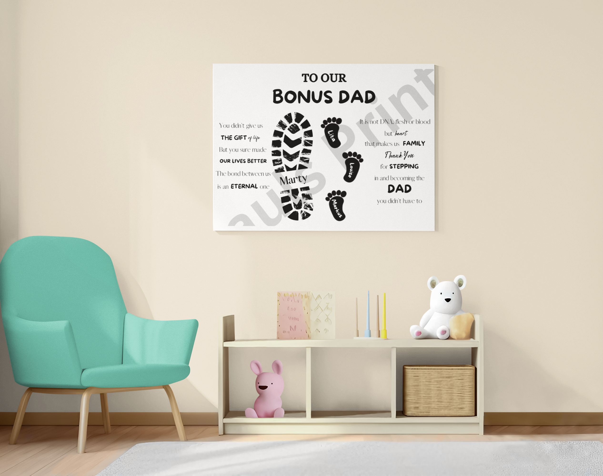 Framed black and white “To Our Bonus Dad” quote print featuring boot and baby footprints, hung above a pastel-colored storage unit in a modern children’s room.