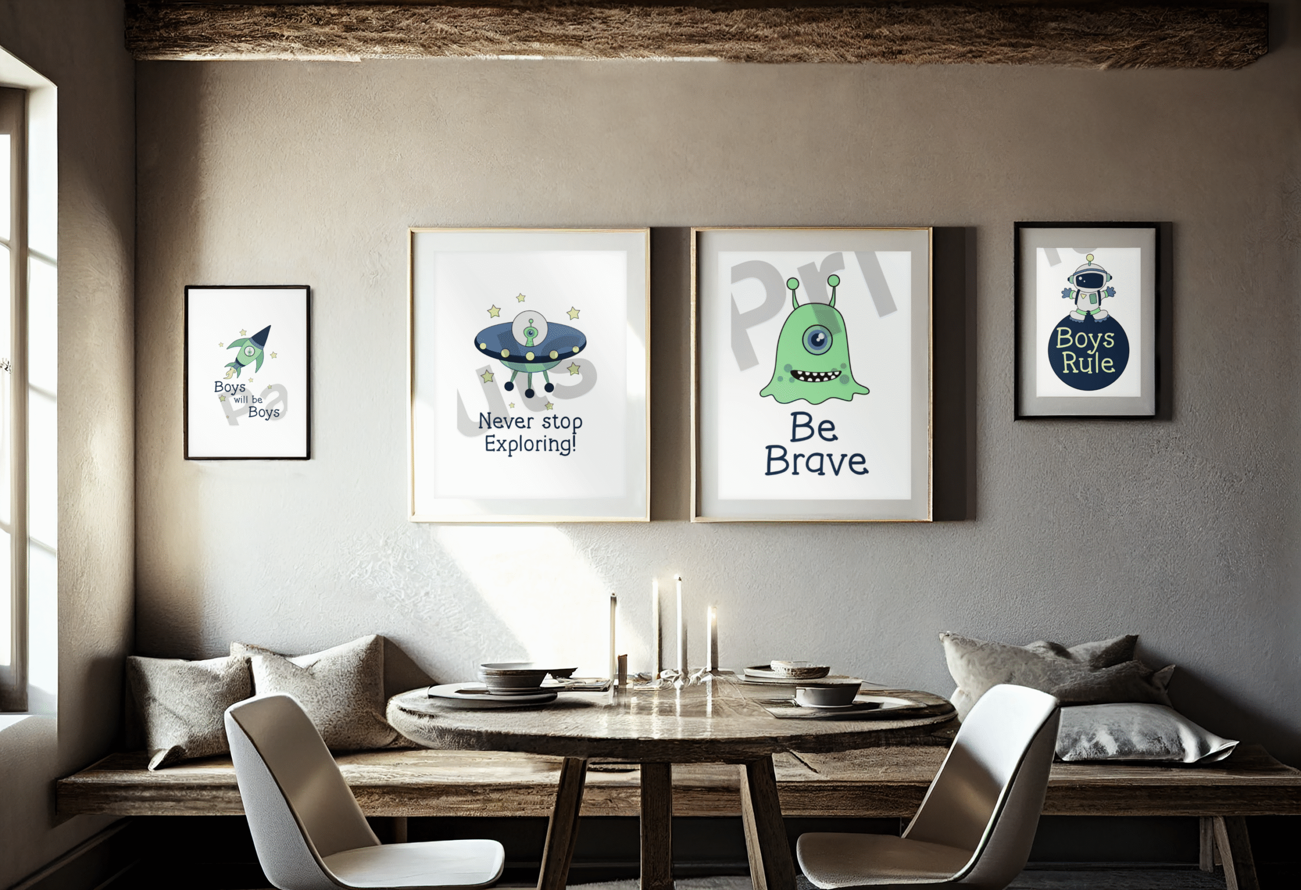 Rustic dining room with four framed boys’ space prints featuring rocket, UFO, alien, and robot, hung above a round wooden table.