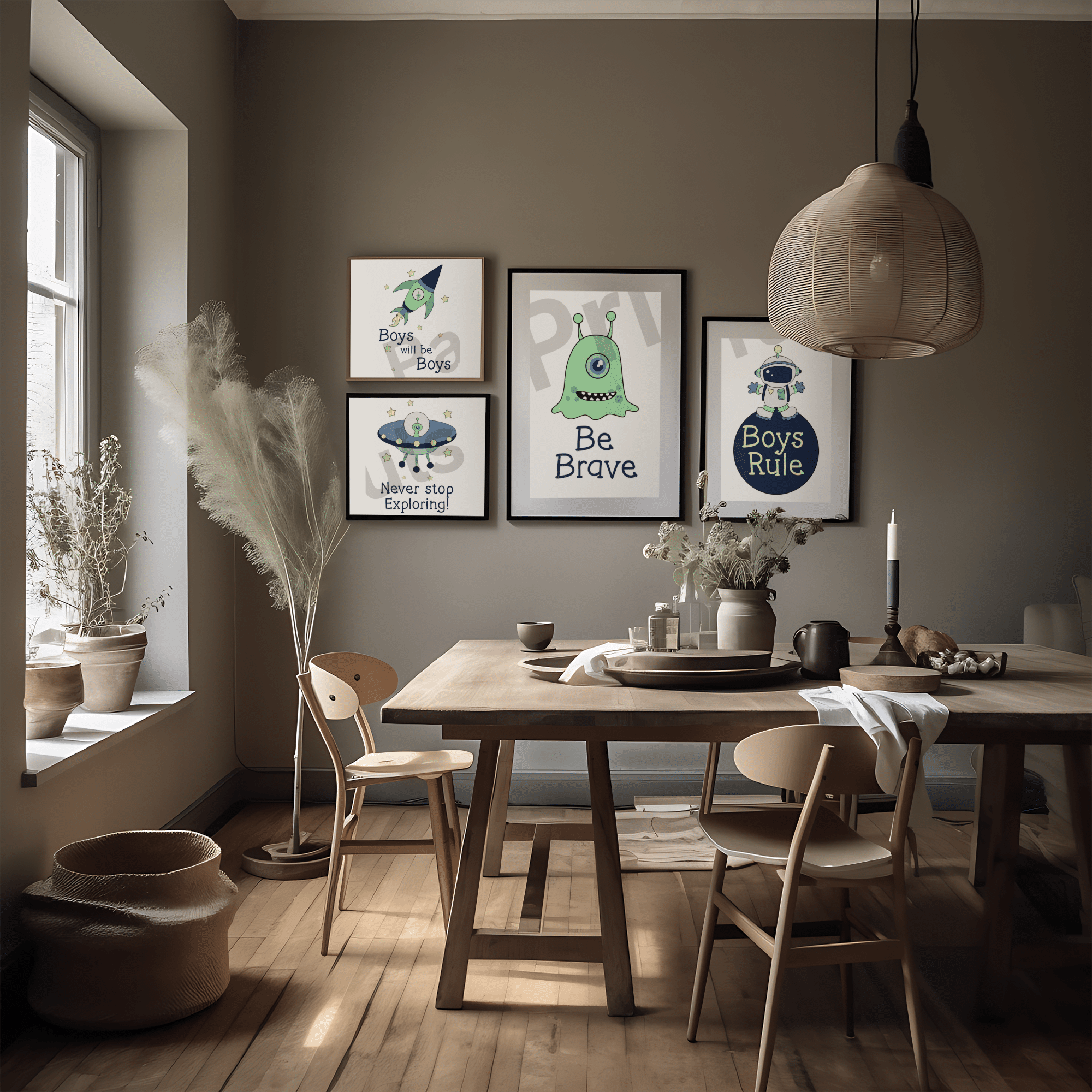 Dining room with a set of four framed boys’ space-themed prints featuring rocket, UFO, alien, and robot designs in earthy tones.
