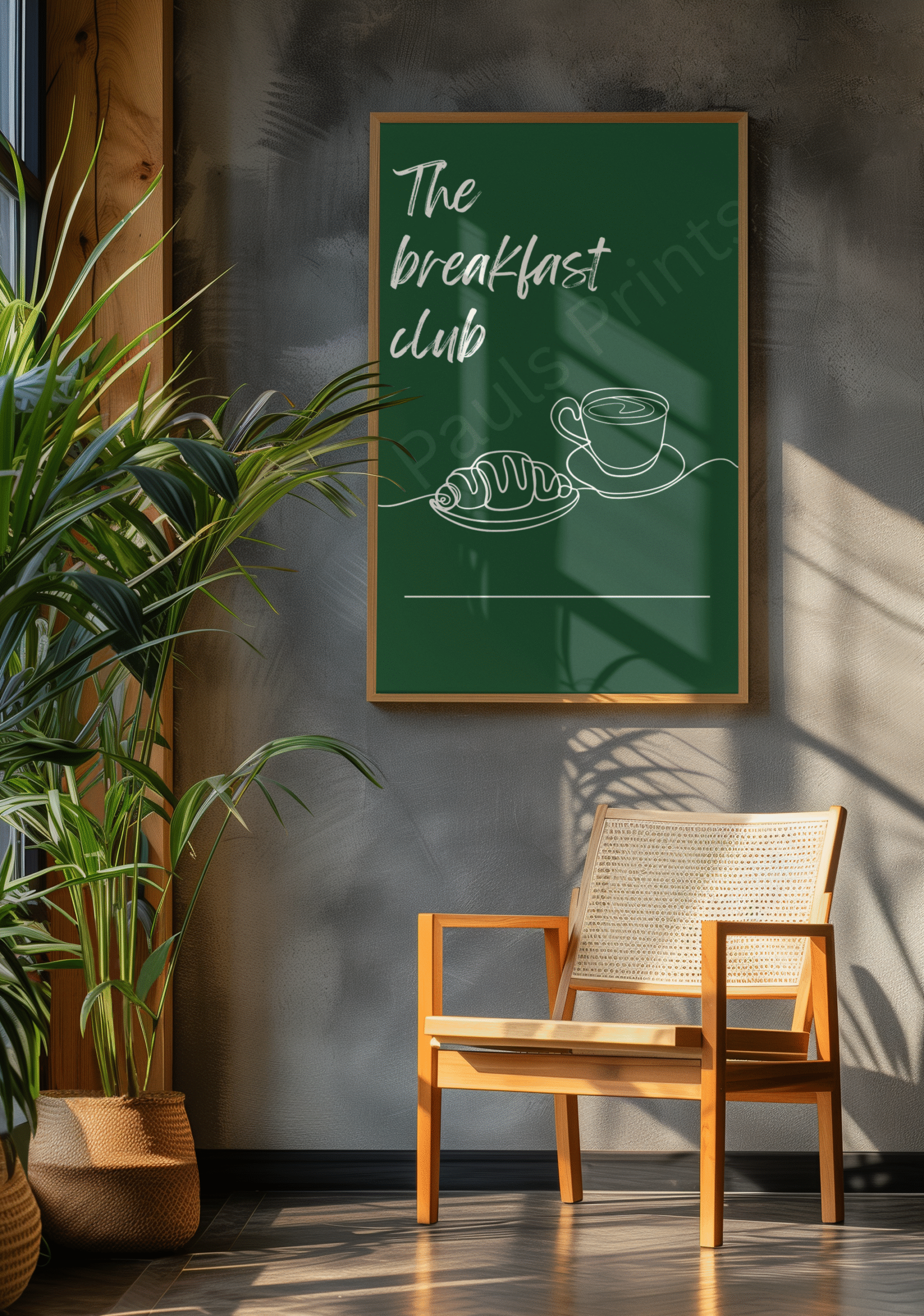 Green "The Breakfast Club" art print with a croissant and coffee outline, framed in wood and displayed in a sunlit corner with a rattan chair and potted plant.