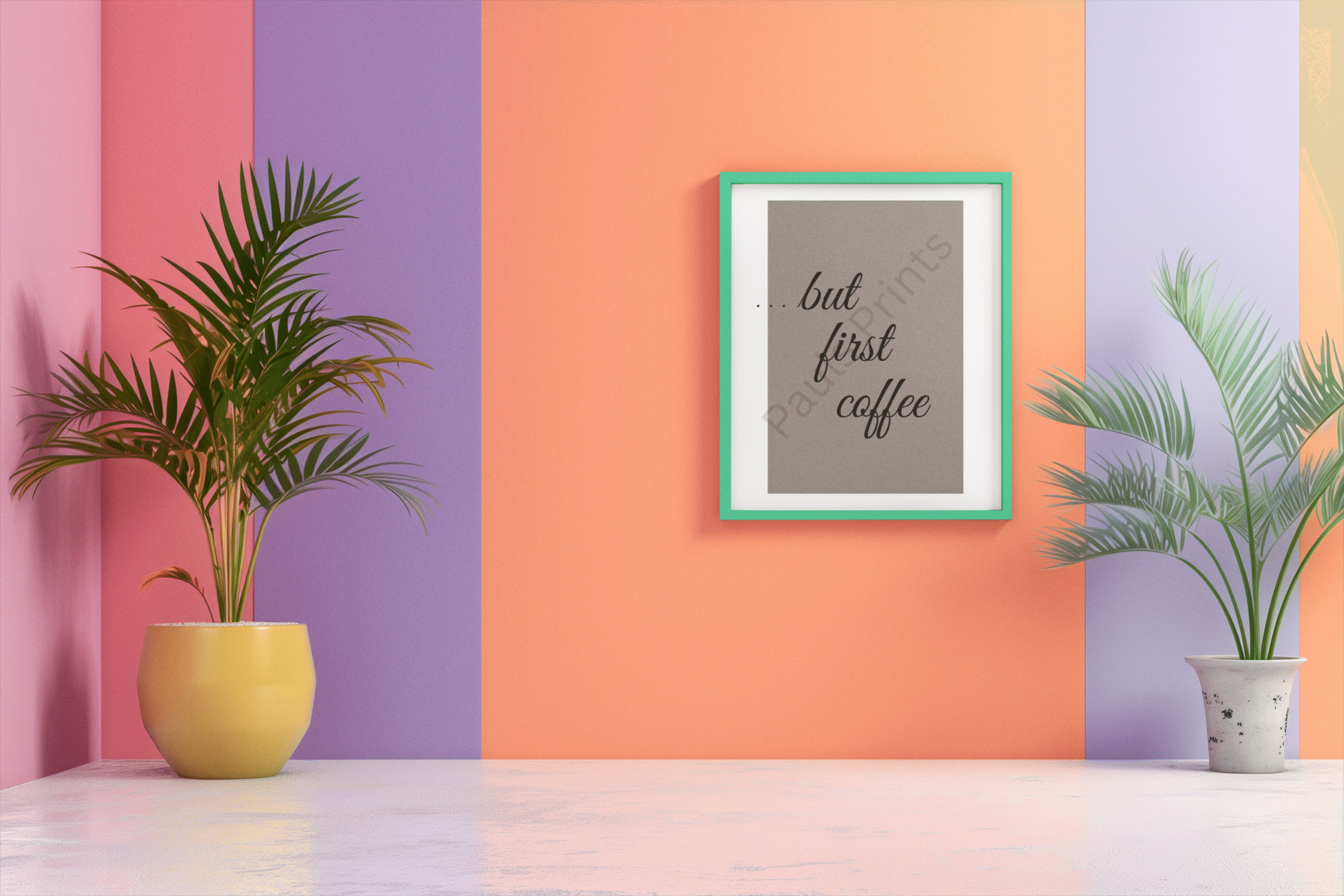 Black coffee quote print in green frame displayed on a vibrant pink, purple, and orange striped wall with indoor plants.