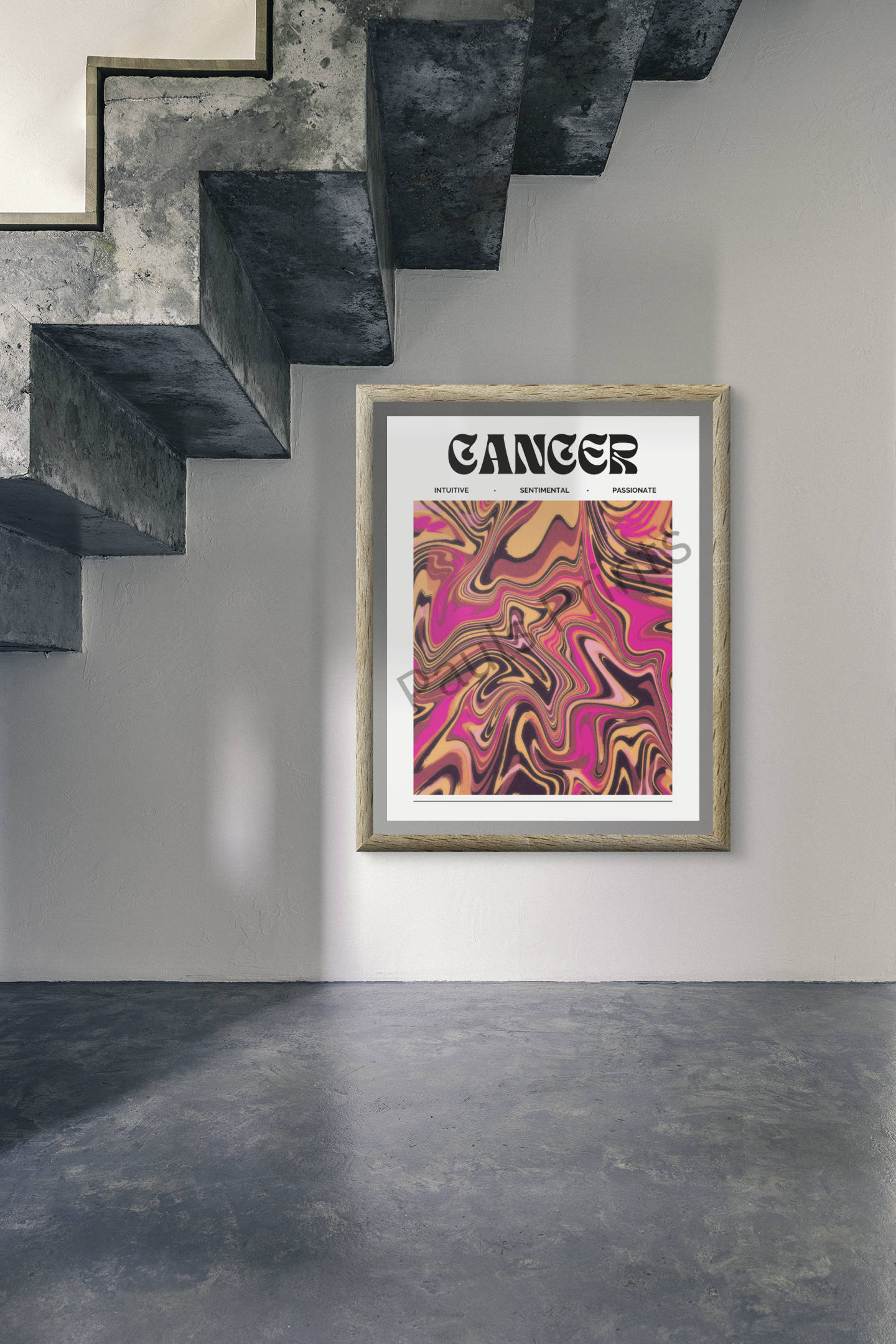 Large Cancer zodiac artwork with bold abstract colors, framed in wood and mounted under a concrete staircase in a minimalist, industrial space.