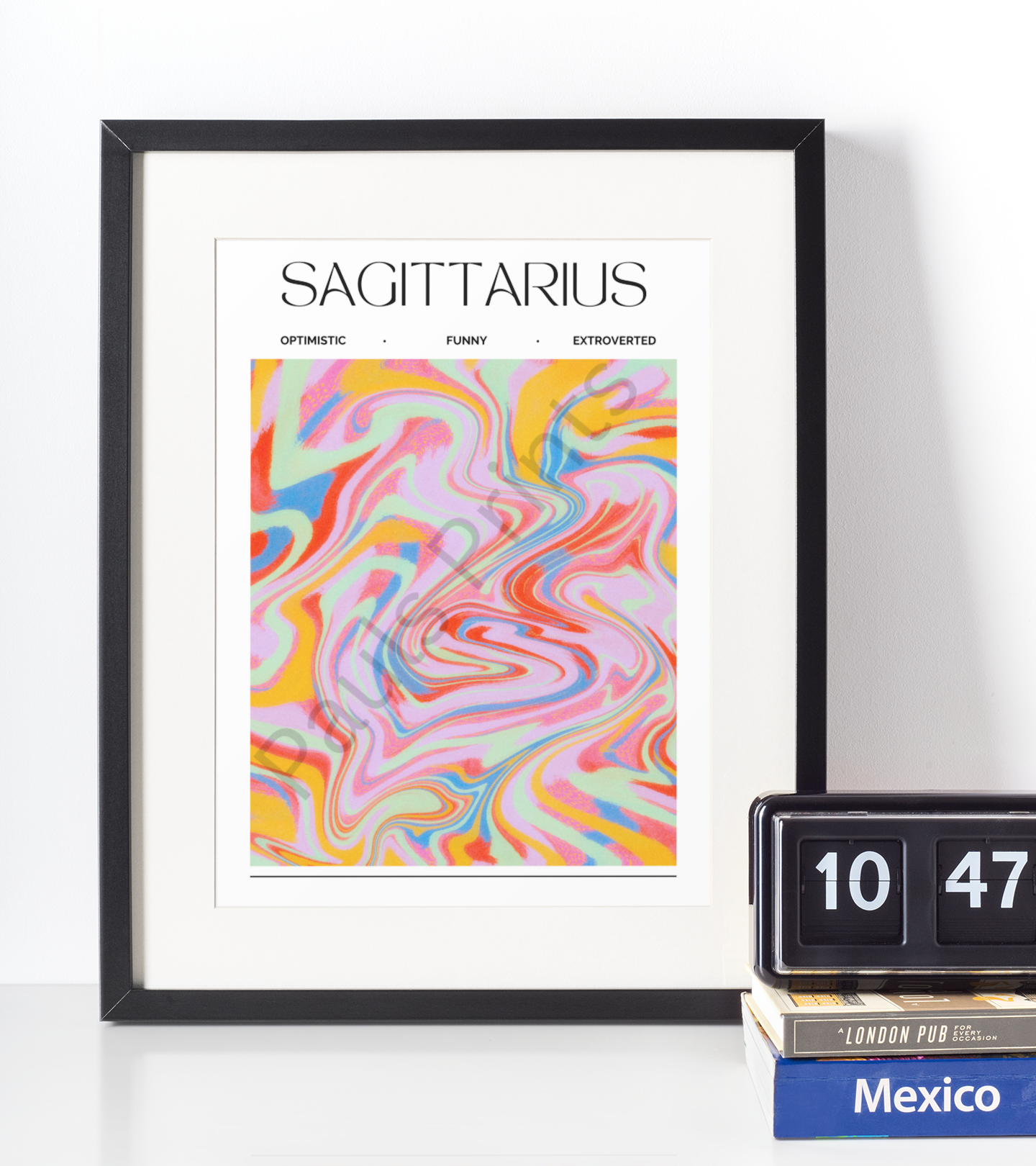 Close-up view of a framed Sagittarius zodiac print resting on a white surface beside books and a retro flip clock.