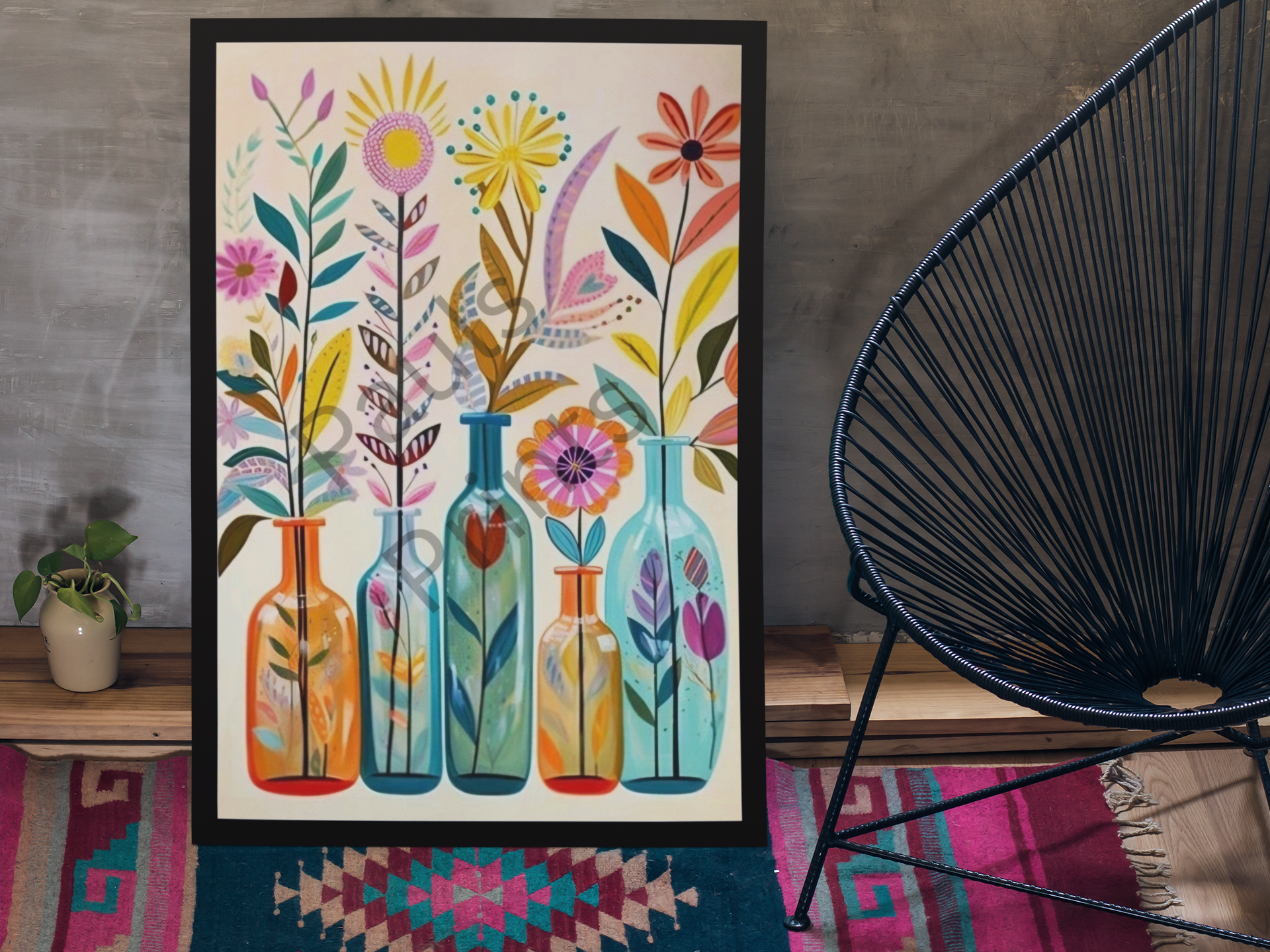 Bright and colorful floral illustration in bottles, framed in black, displayed on a rustic background with a patterned rug and modern wire chair.
