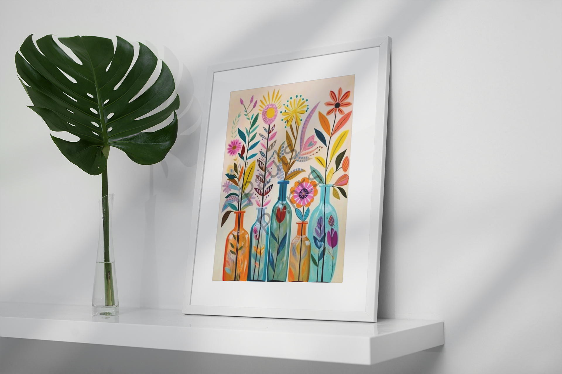 Framed floral bottles artwork with vibrant colors, displayed on a white shelf next to a tall green leaf in a glass vase.