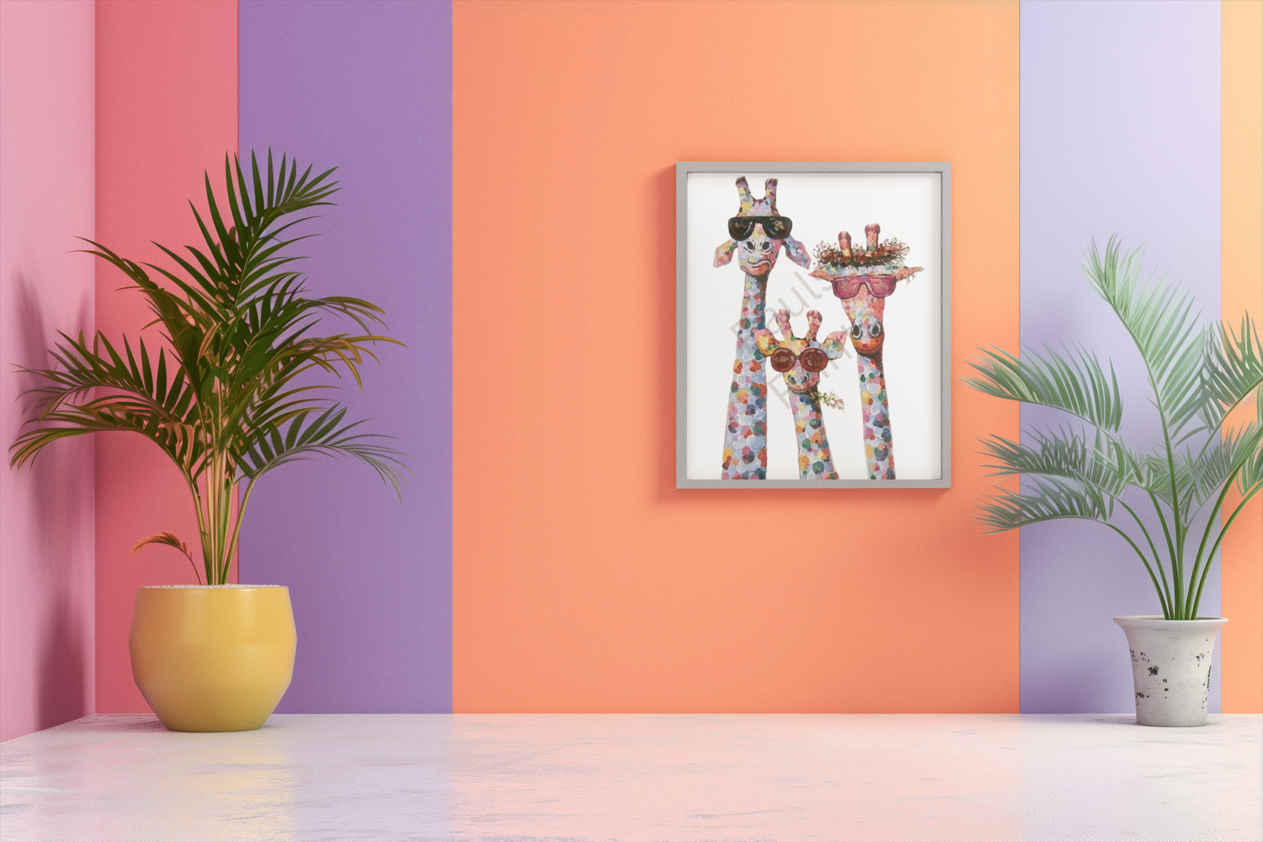 Vibrant wall art of three giraffes wearing sunglasses, set against a striped pink, purple, and orange background between two potted plants.