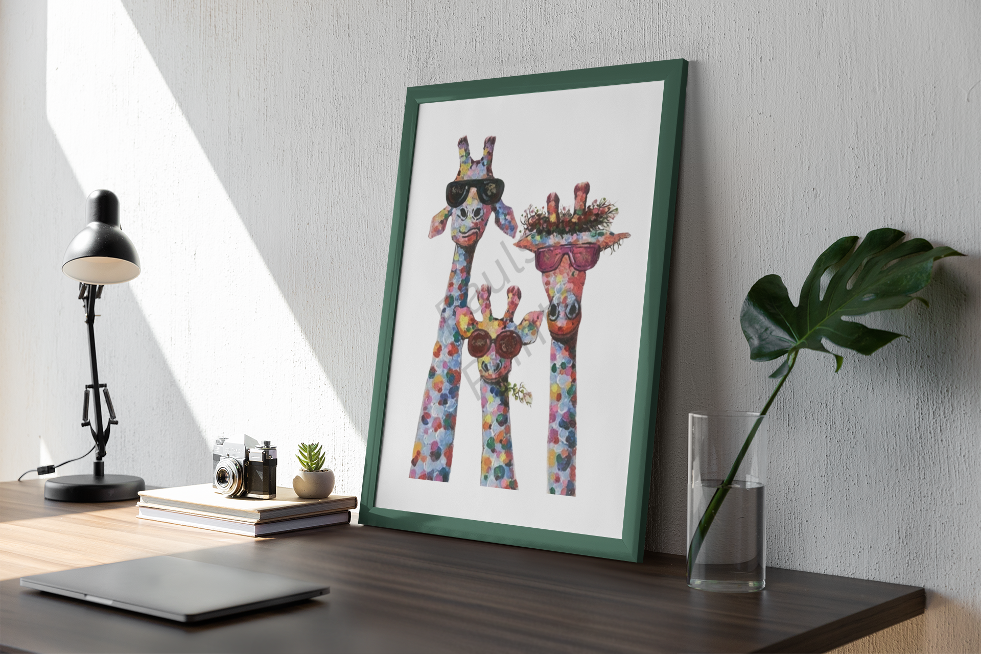 Three colourful giraffes with sunglasses in a green frame leaning on a desk beside a lamp, books, camera, and a glass vase with a green leaf.