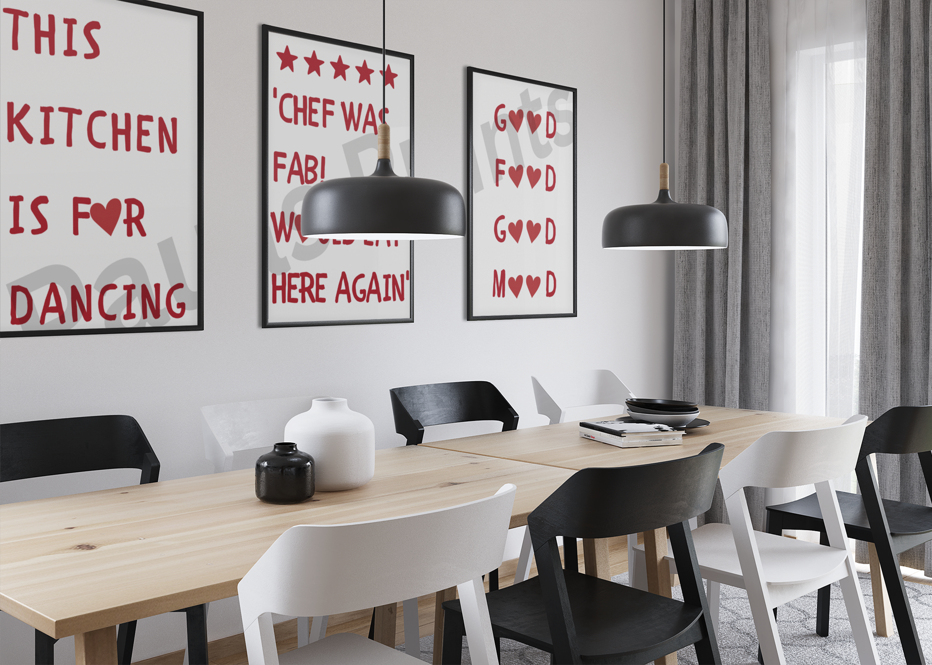Bold red-lettered kitchen-themed prints with heart icons framed in black, displayed in a bright, modern dining space.