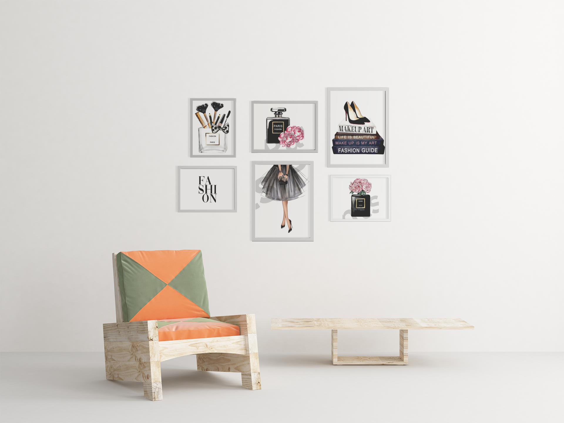 Six framed fashion-themed prints on a white wall featuring makeup brushes, perfume bottles, heels, and fashion quotes, beside a pastel wooden chair.