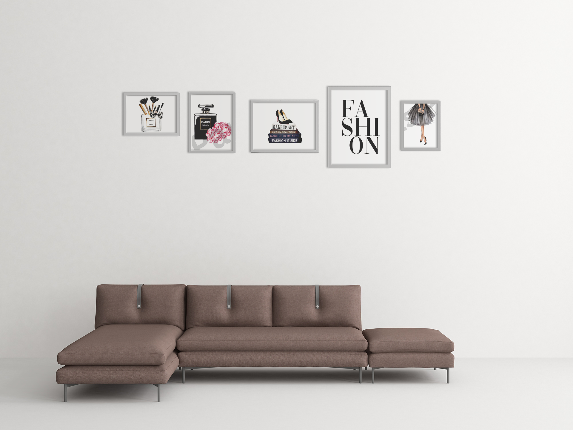 A chic living room setup with framed perfume, heels, and typography prints styled above a brown sectional sofa.
