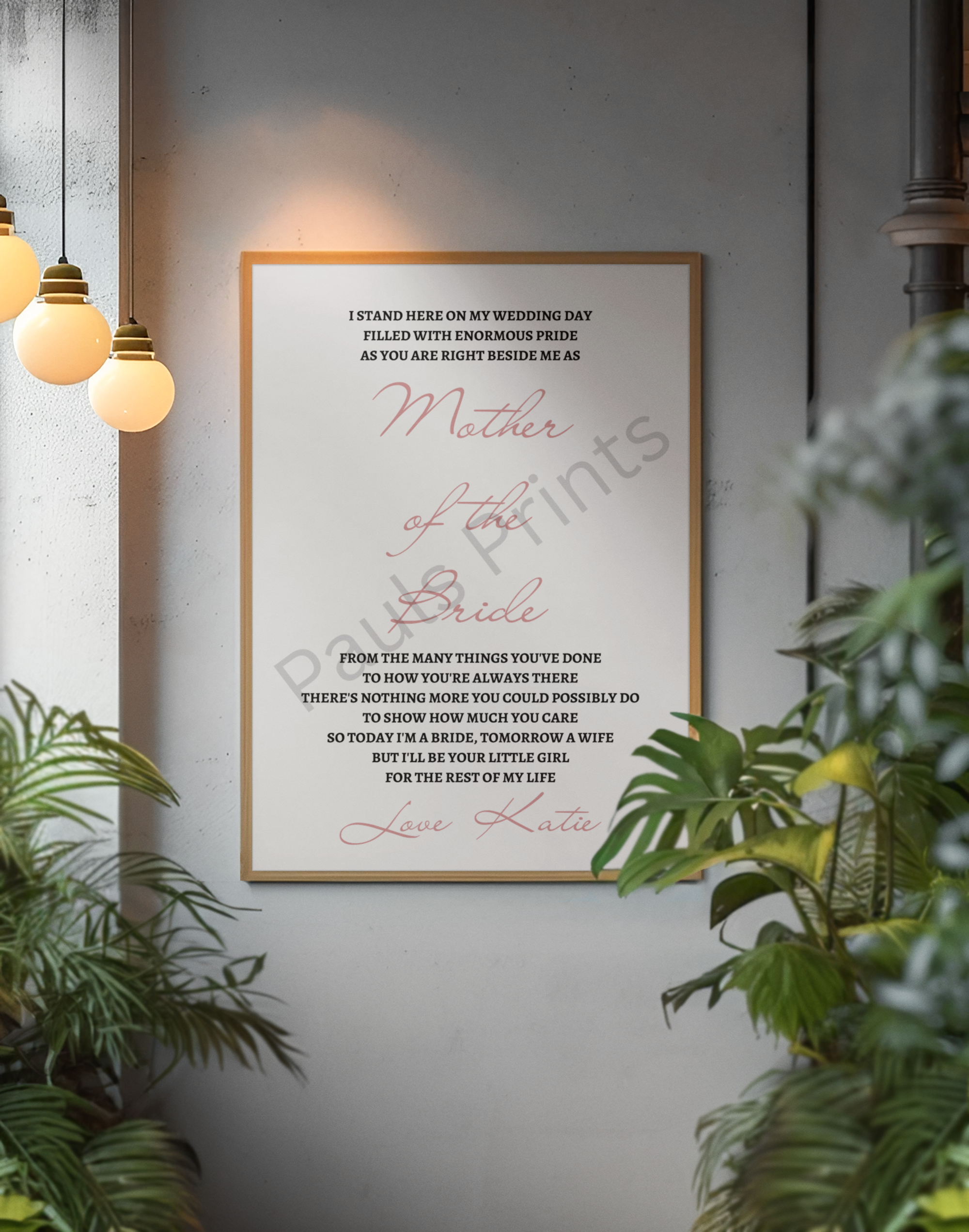Sentimental wedding print with soft lighting and lush greenery, styled in a wooden frame for a modern romantic look.
