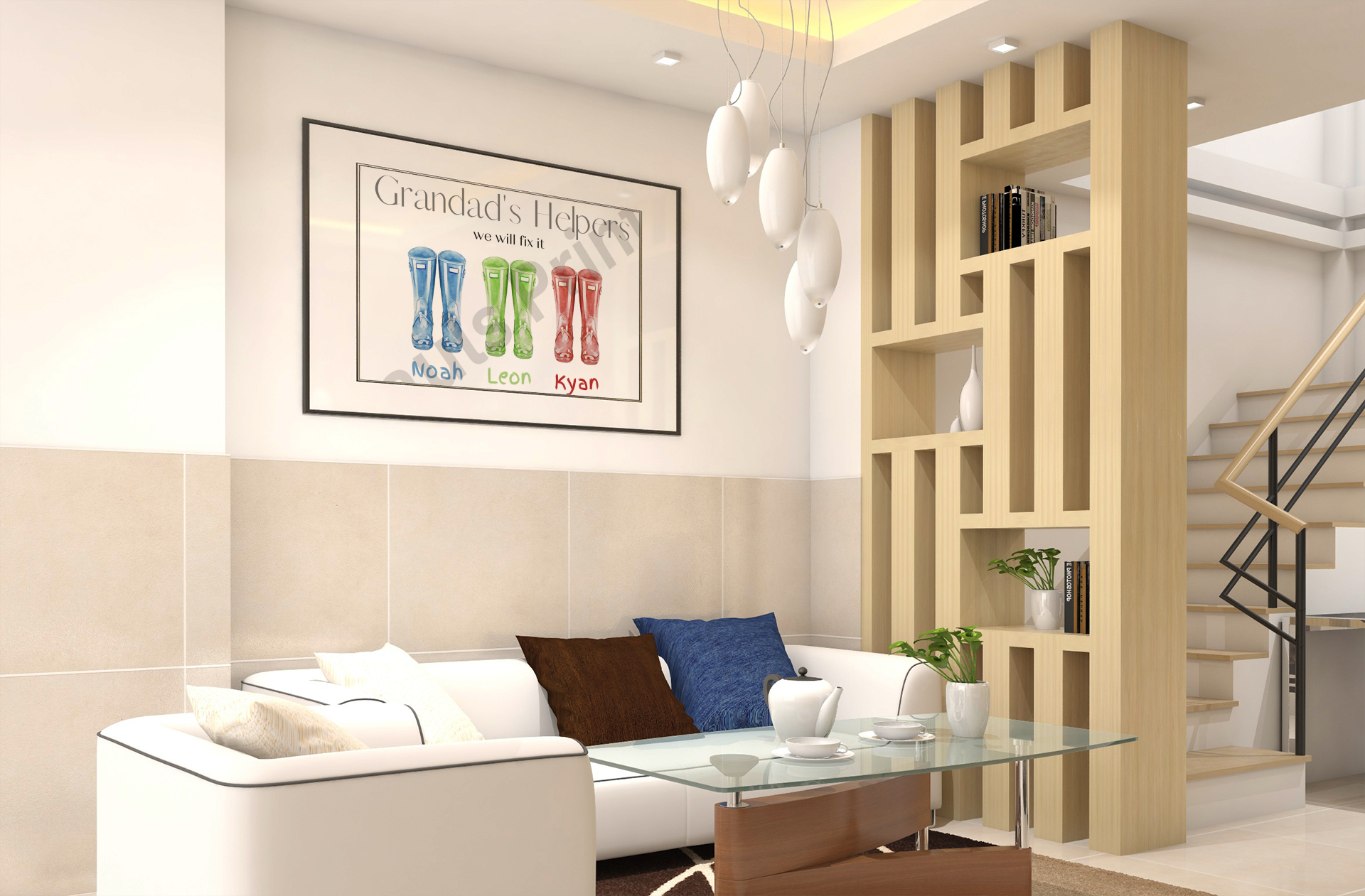 Framed Grandad’s Helpers poster with named wellington boots in a bright modern living room, featuring a glass coffee table, bookshelf, and staircase