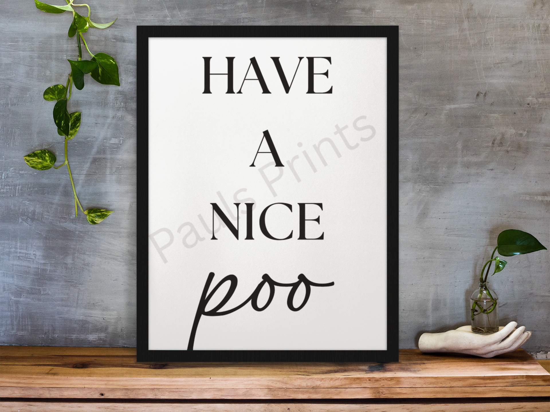 Playful black framed bathroom print with the text “Have a Nice Poo,” styled against a rustic grey wall with green plant accents.
