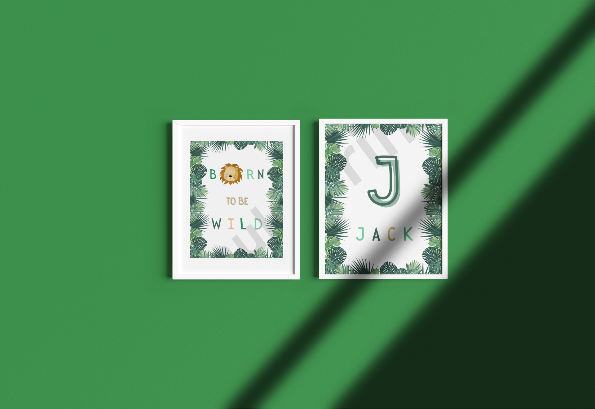 High-contrast wall art featuring “Born to be Wild” and a monogram print for “Jack,” set against a green backdrop with dramatic angled shadowing—clean, minimal, and eye-catching.