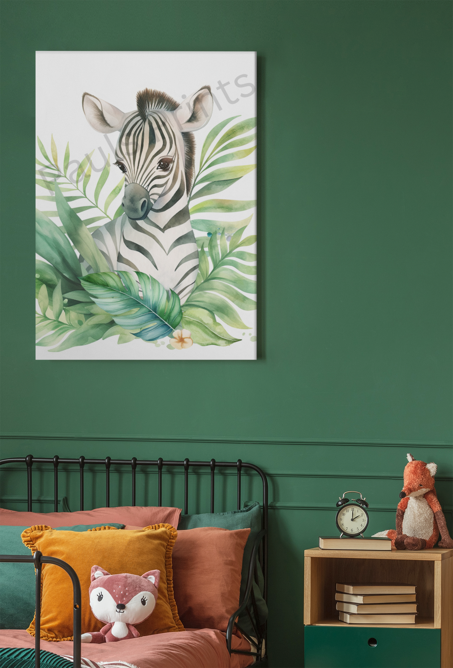 Stylish canvas print of a zebra among tropical greenery, mounted on a dark green wall above a bed with orange and green bedding and a fox plush toy.