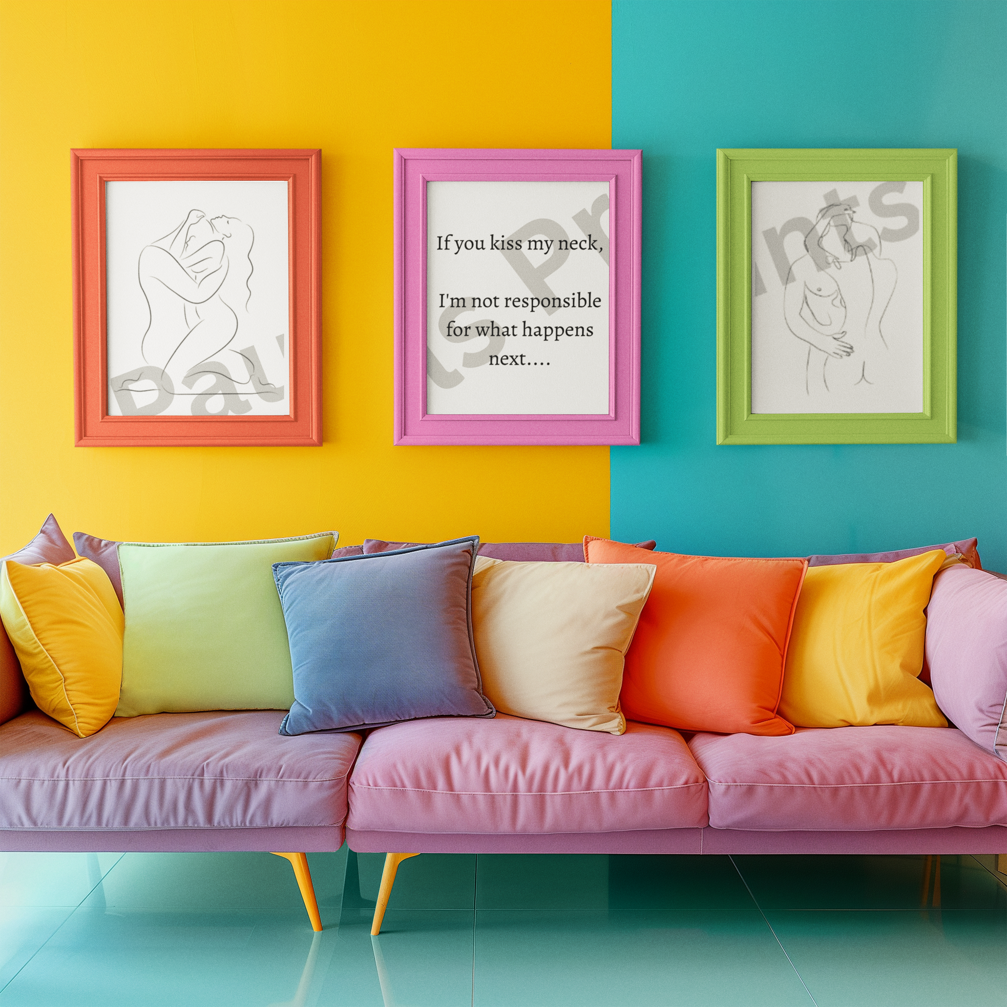 A cheerful, multi-coloured living space with rainbow cushions and a vibrant trio of framed romantic prints against a bold yellow and teal wall, enhancing playful vibes.