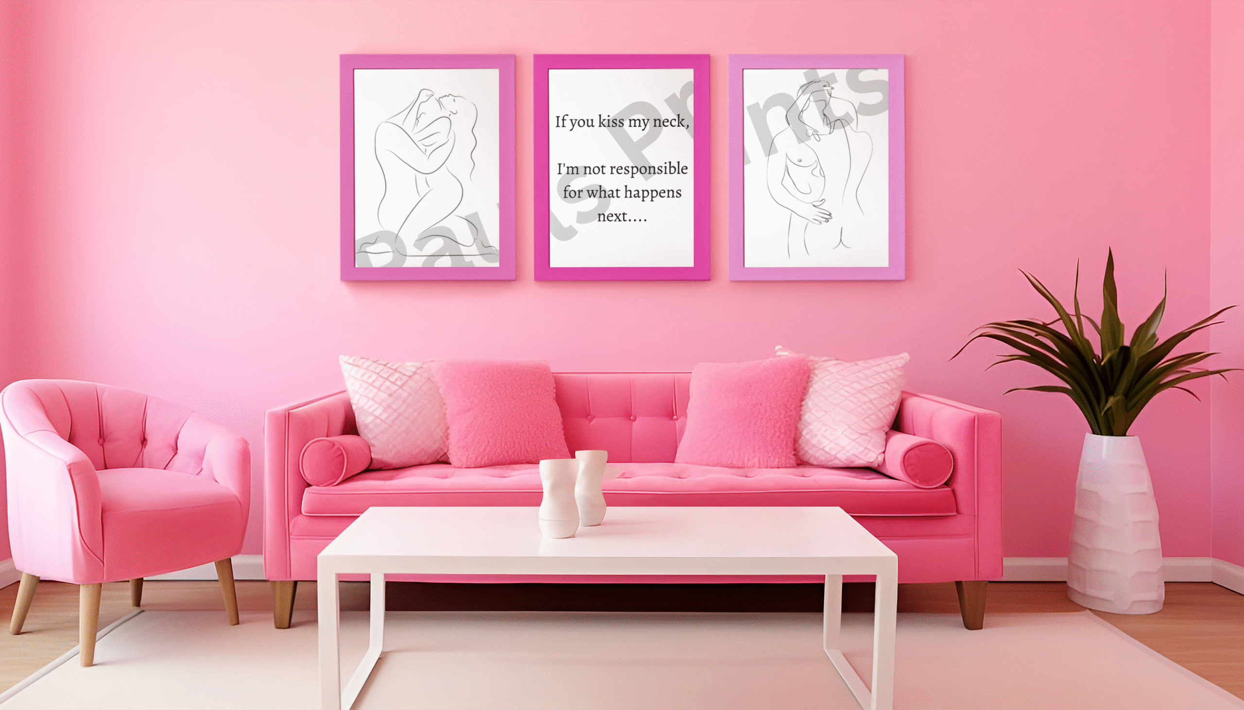 A hot pink living room setup featuring the flirtatious quote and accompanying line art in matching pink frames, creating a vibrant and romantic focal wall above a plush sofa.