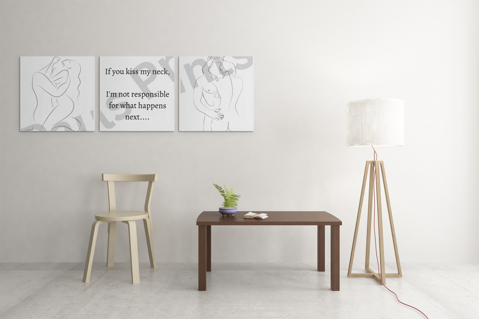 A minimalistic living space with neutral tones showcasing three side-by-side prints — a sensual line art couple, a flirtatious quote, and another embrace sketch above a pale wood chair and simple coffee table.