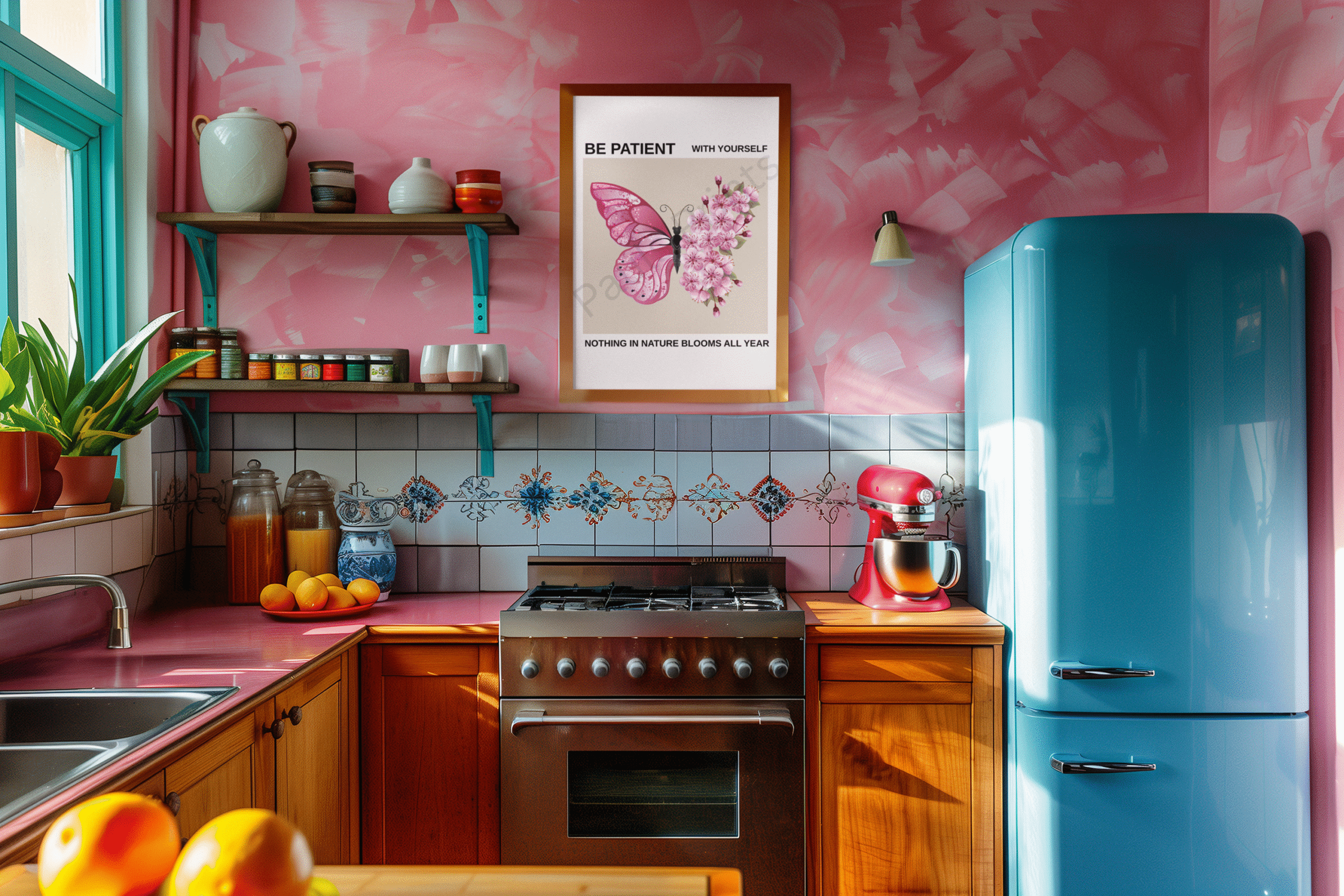 Pink butterfly and cherry blossom framed quote print displayed above stove in vibrant kitchen with pink walls, wooden cabinets, and blue retro fridge.
