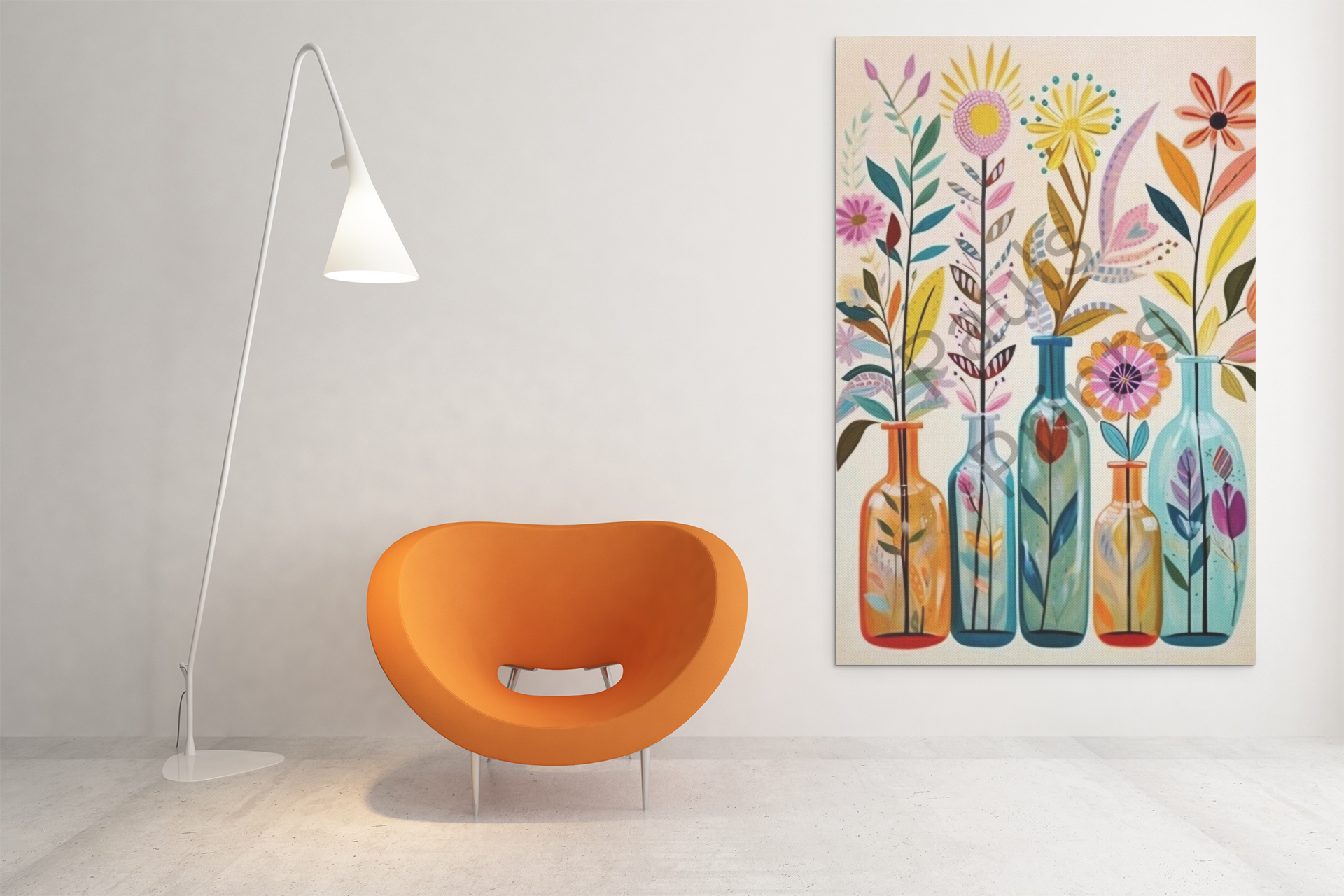 Oversized wall canvas featuring vibrant floral bottles illustration, displayed next to an orange modern chair and white floor lamp.
