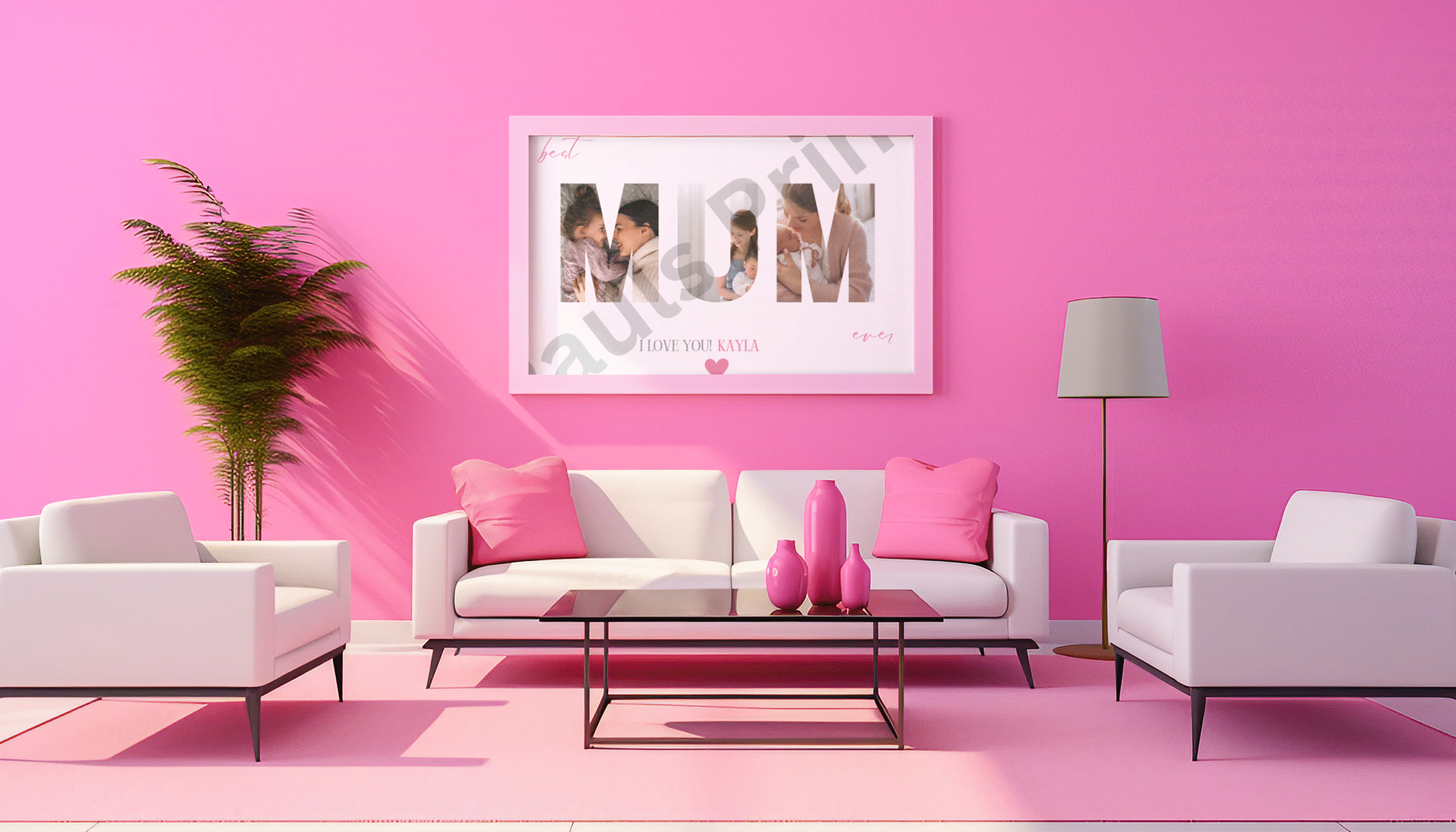 Oversized MUM collage print with personalised name in pink living room, featuring white sofas, pink cushions, and a pink accent wall.