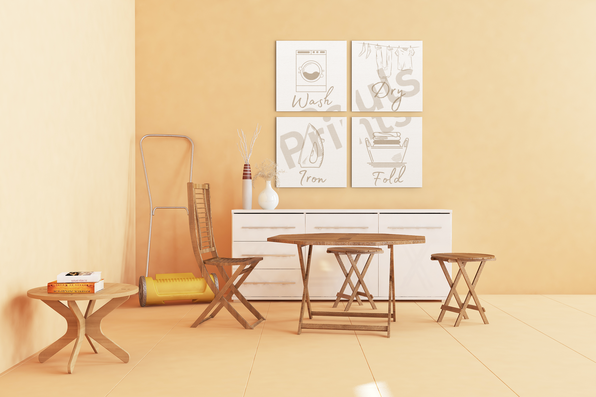 Four minimalist square laundry prints in neutral beige tones on a peach wall, labeled "Wash", "Dry", "Iron", and "Fold".