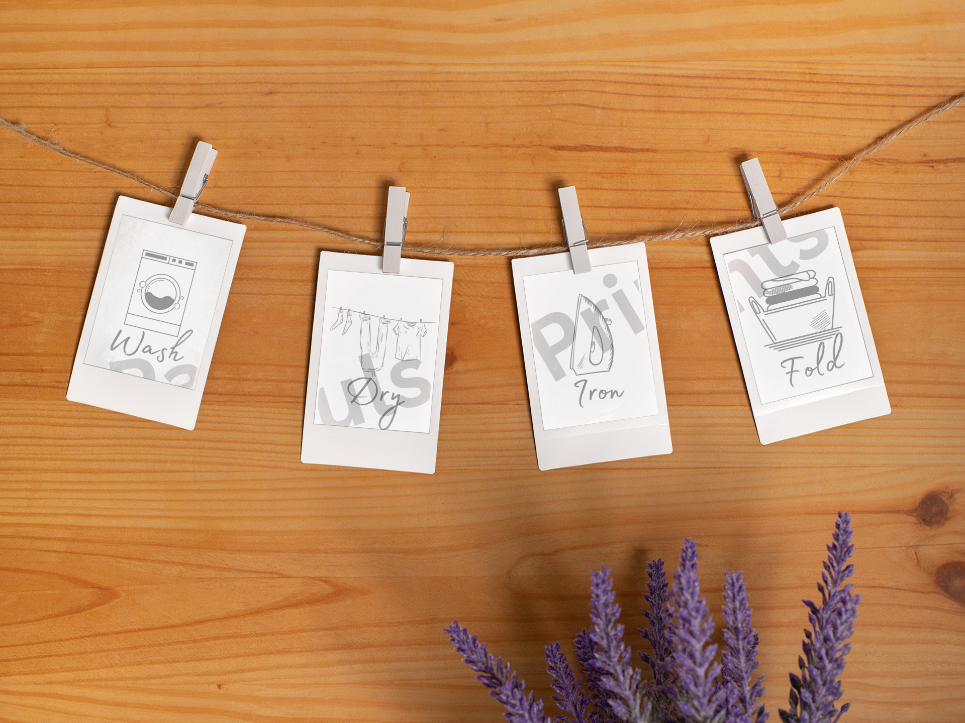 Polaroid-style mini laundry prints clipped to twine, laid out on a wooden surface with lavender flowers in the frame.