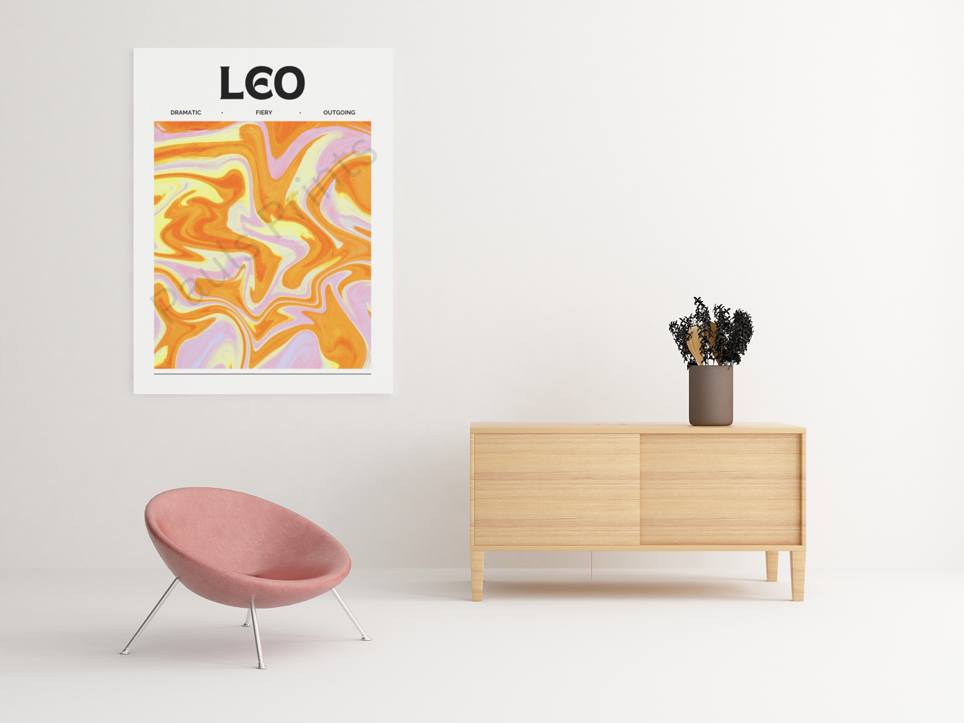 Bright Leo zodiac wall art with vibrant orange and pink marble swirls, hanging above a modern sideboard with a pink chair and minimalist decor.
