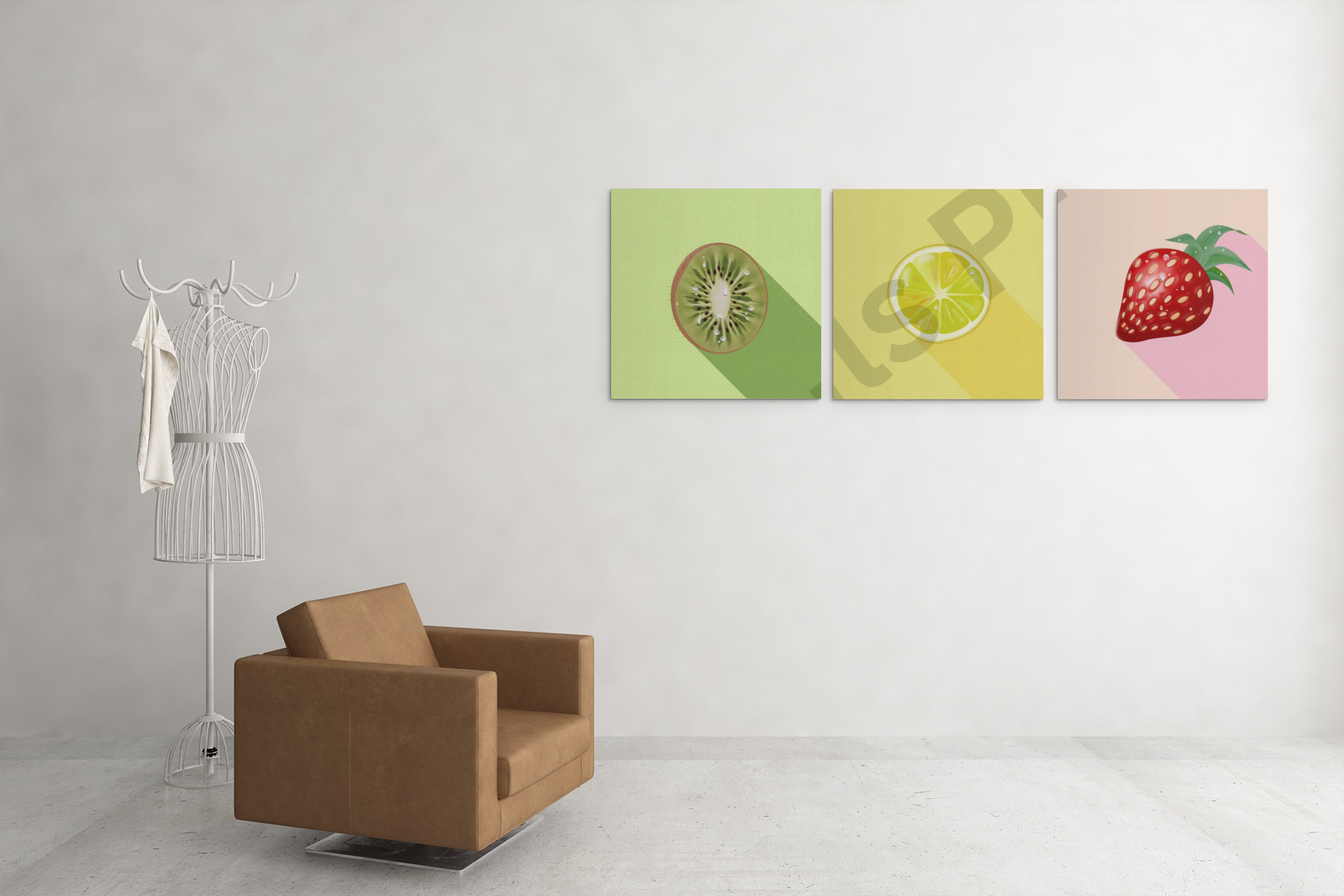 Minimalist canvas artwork of kiwi, lemon slice, and strawberry with long shadows, mounted on a plain light wall beside a brown leather chair and white wire coat stand.