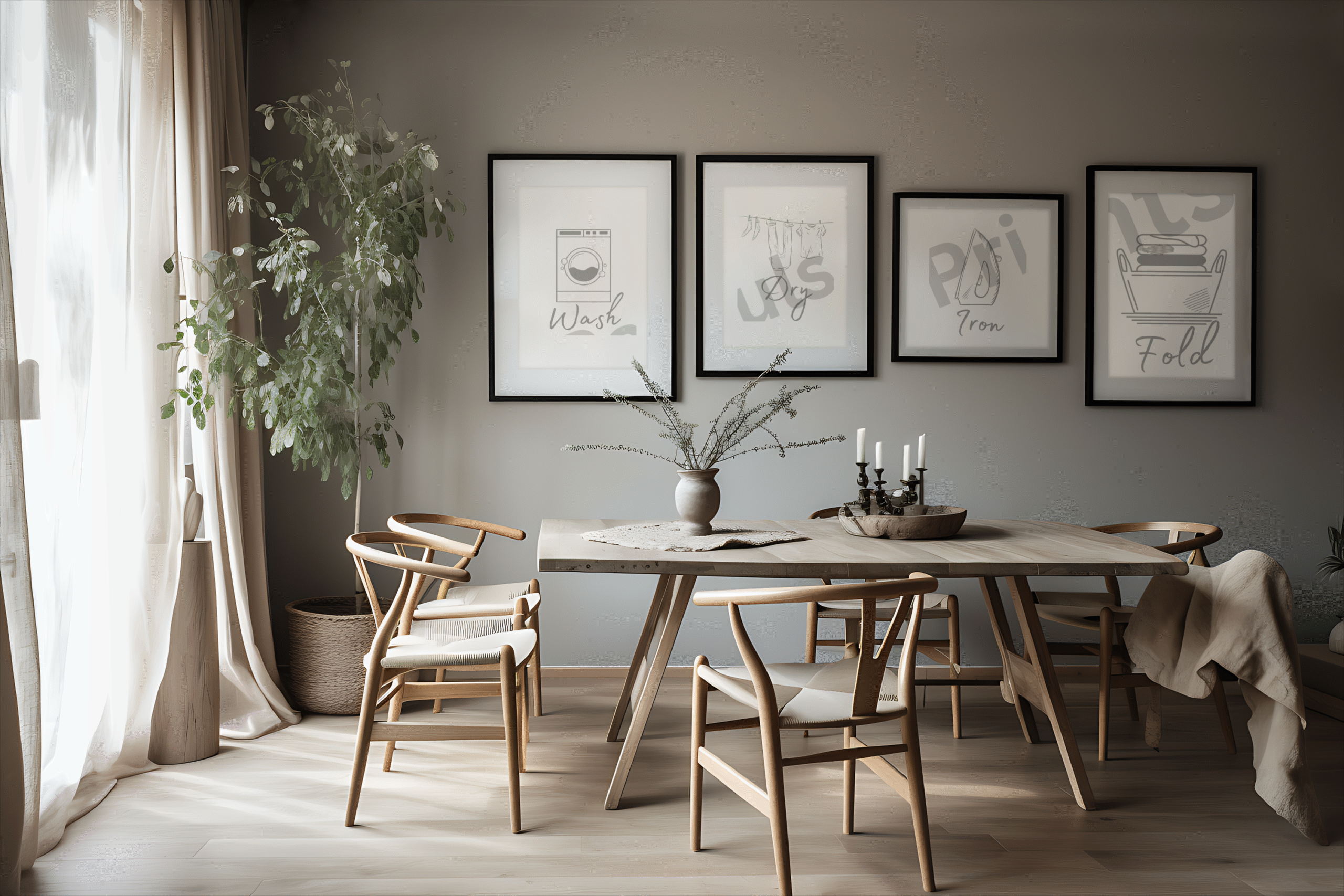 Clean, modern dining area with large framed laundry-themed wall art on a soft grey wall, accompanied by indoor plants and light wood furniture.
