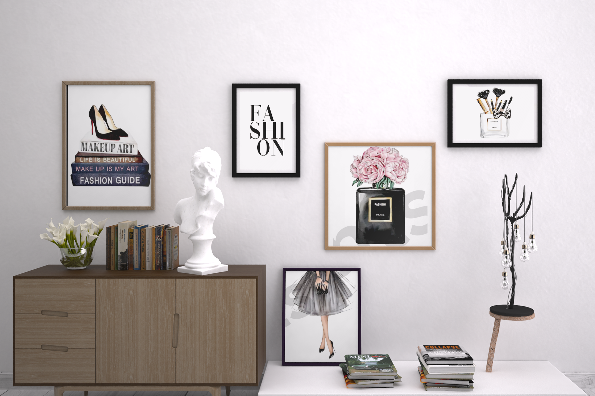 Mixed-style fashion wall prints with books, perfume, and makeup illustrations above a sideboard with books and statues.