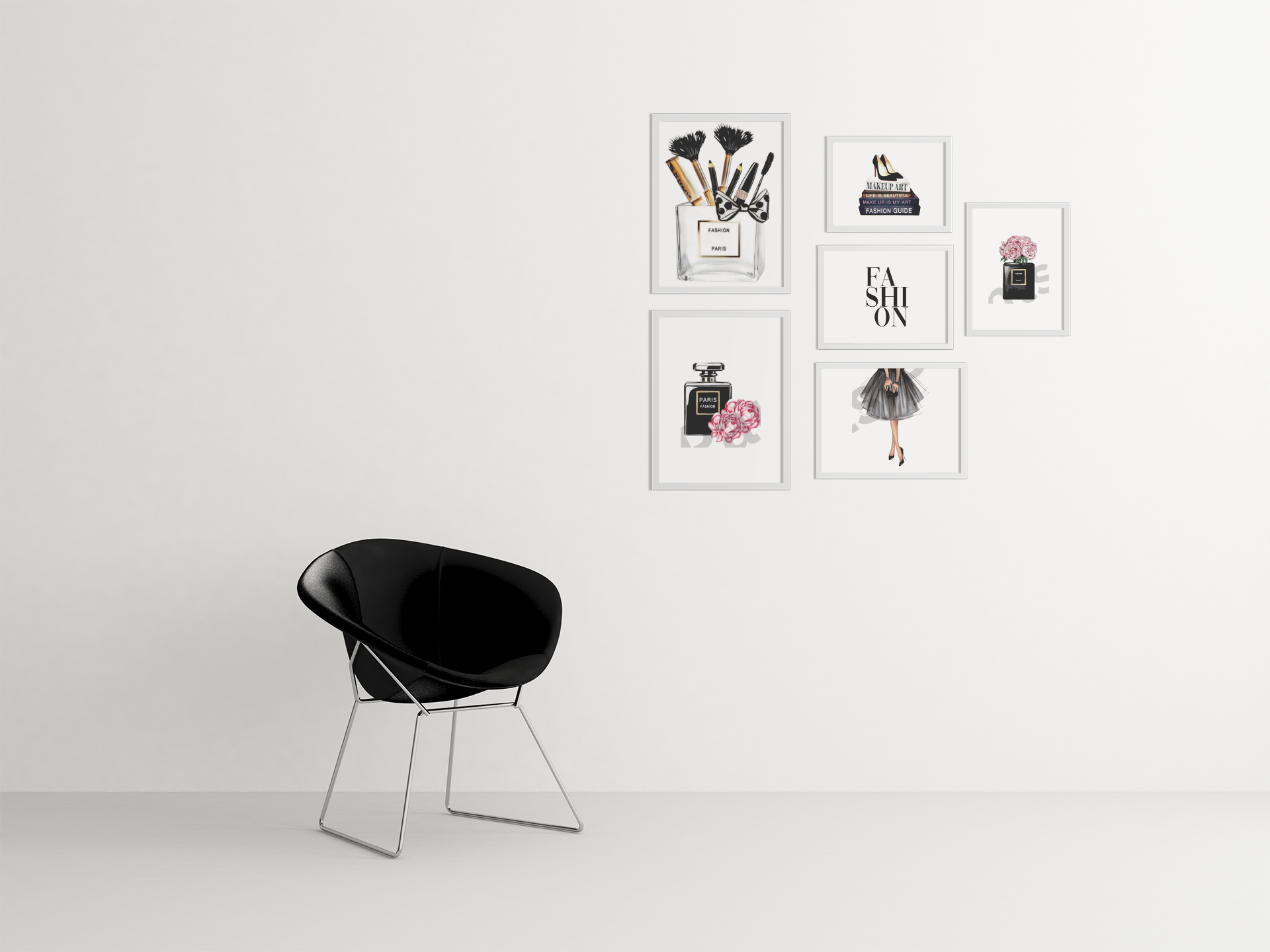 Fashion wall art collage with black and white makeup, perfume, and typography prints above a sleek black modern chair.