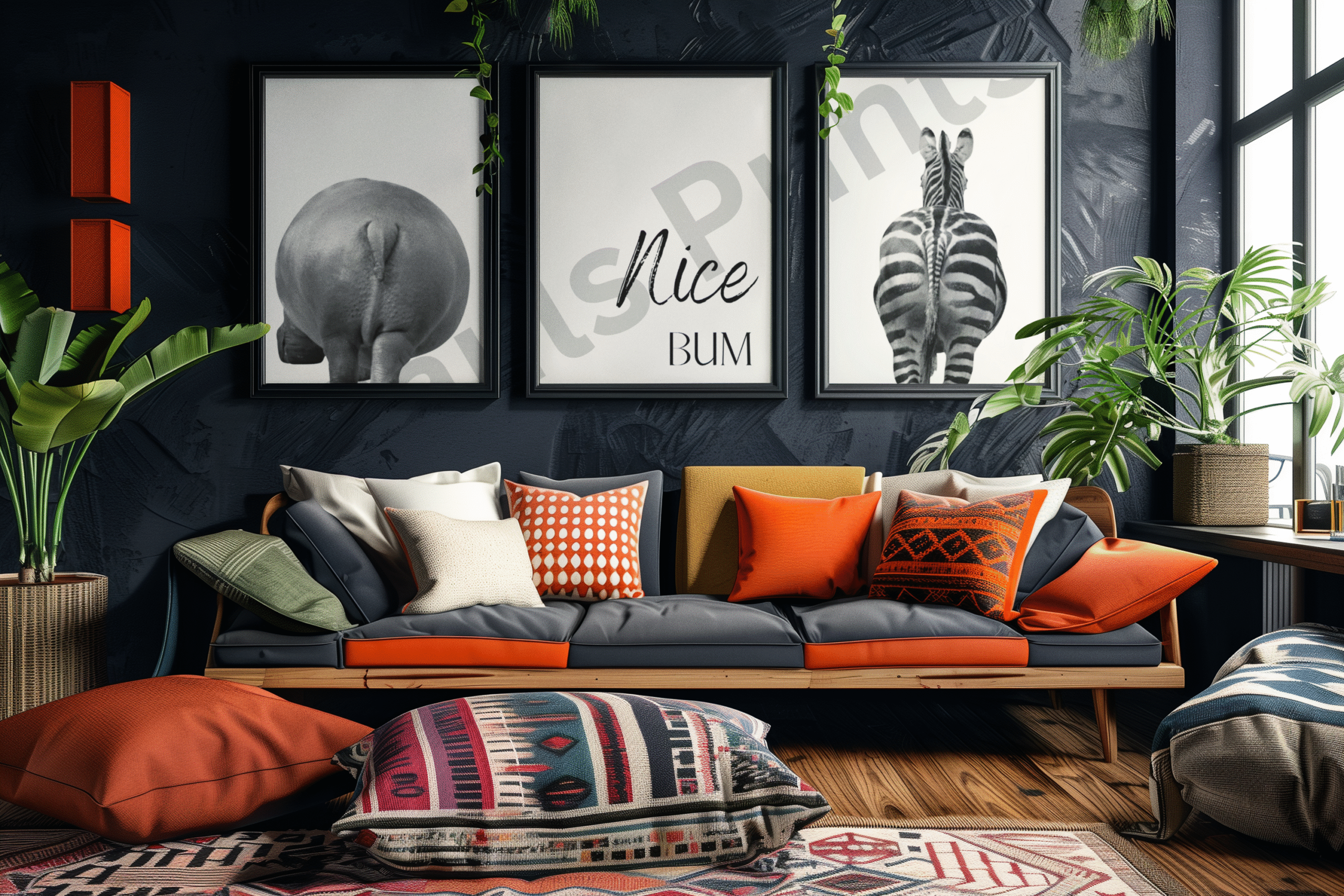 Vibrant and cozy boho-style living room with colorful cushions, jungle plants, and framed “Nice Bum” animal prints above the sofa.