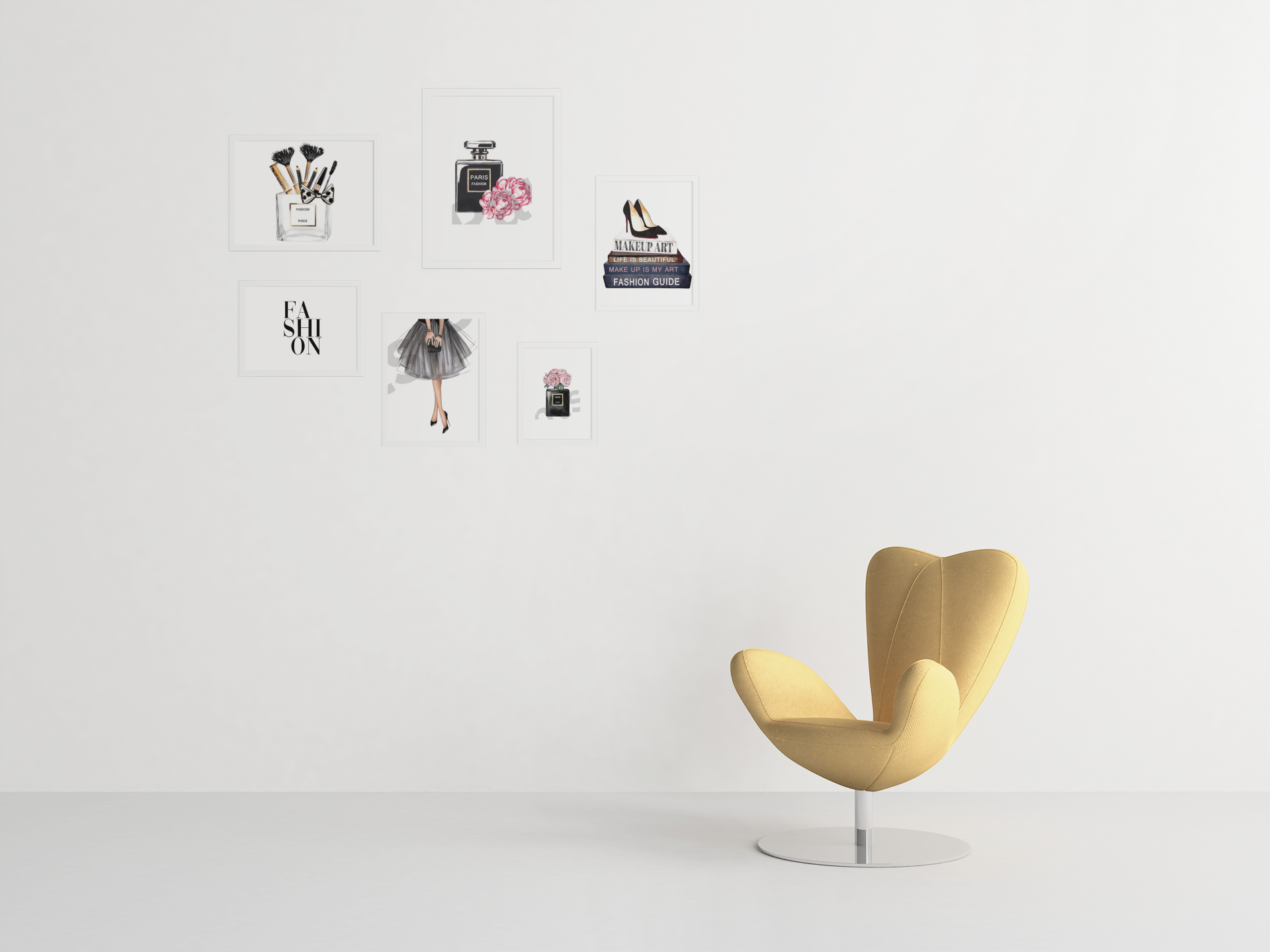Six modern framed fashion prints including shoes, fashion books, perfume, and a black tulle dress above a yellow designer chair.