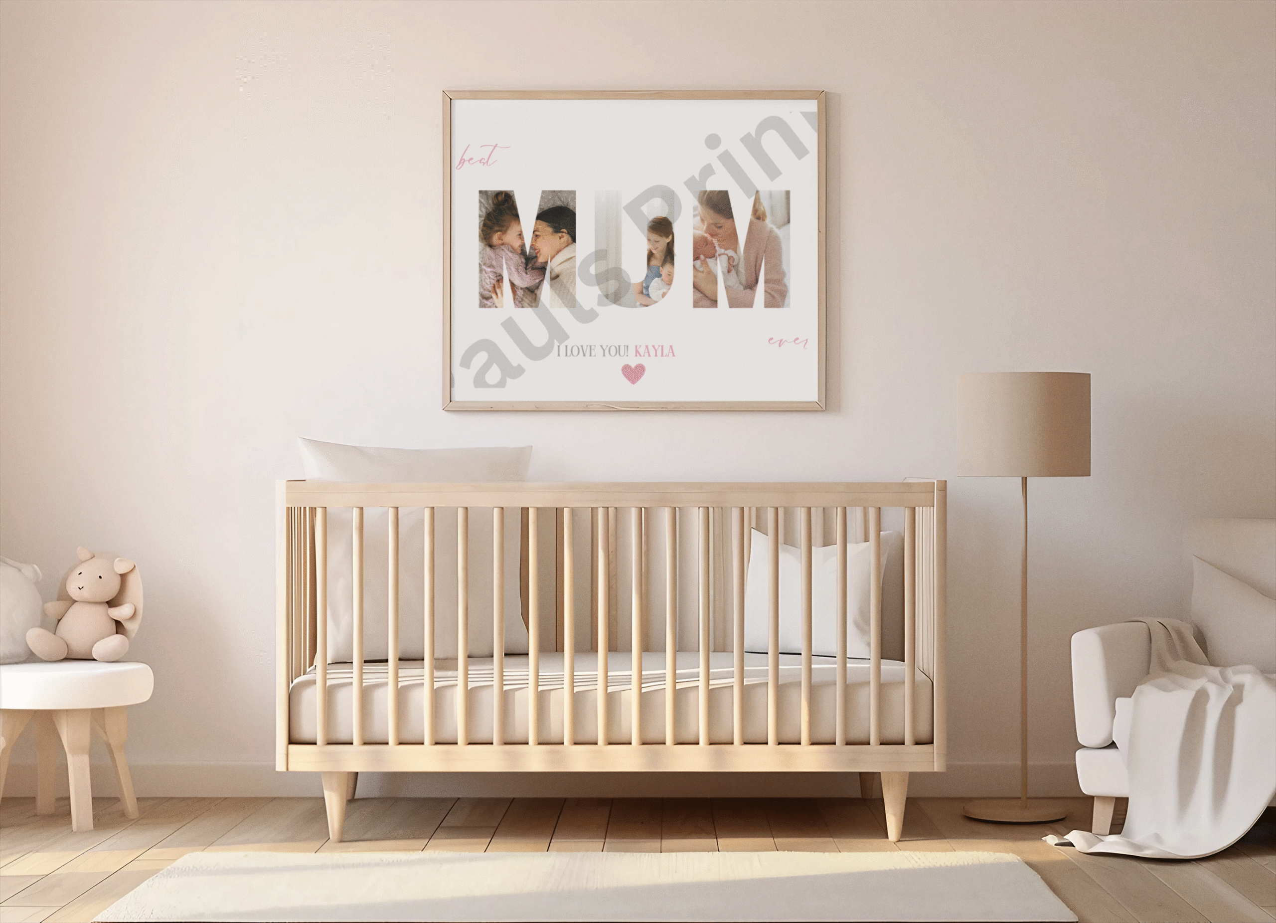 Minimalist nursery with a wooden crib and framed MUM collage print featuring family photos, pink text accents, and the name "Kayla".