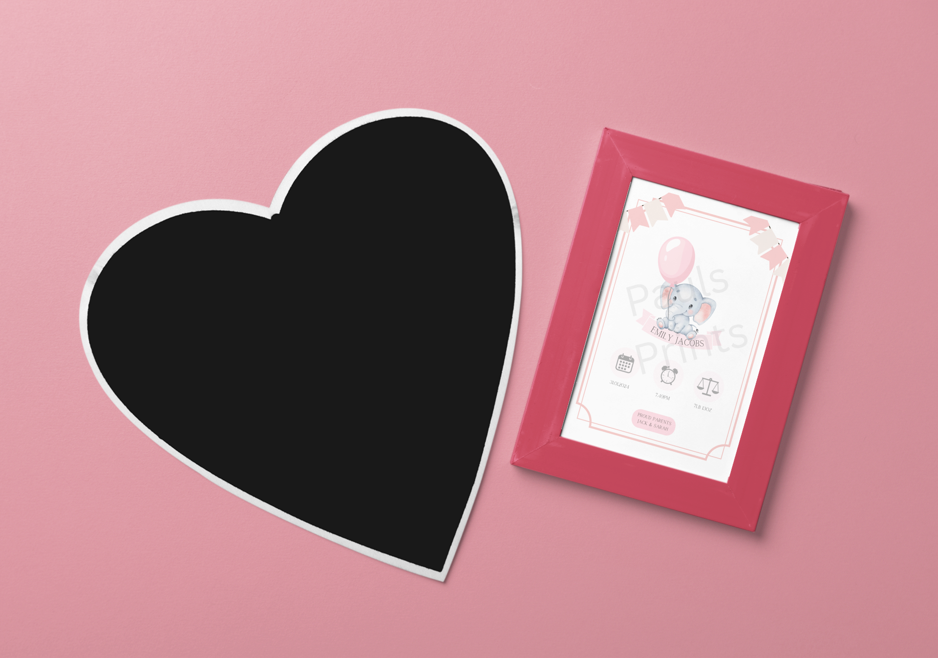 Custom baby birth details print with a cute pink elephant and balloon, displayed in a vibrant pink frame on a pink background with black heart cutout.