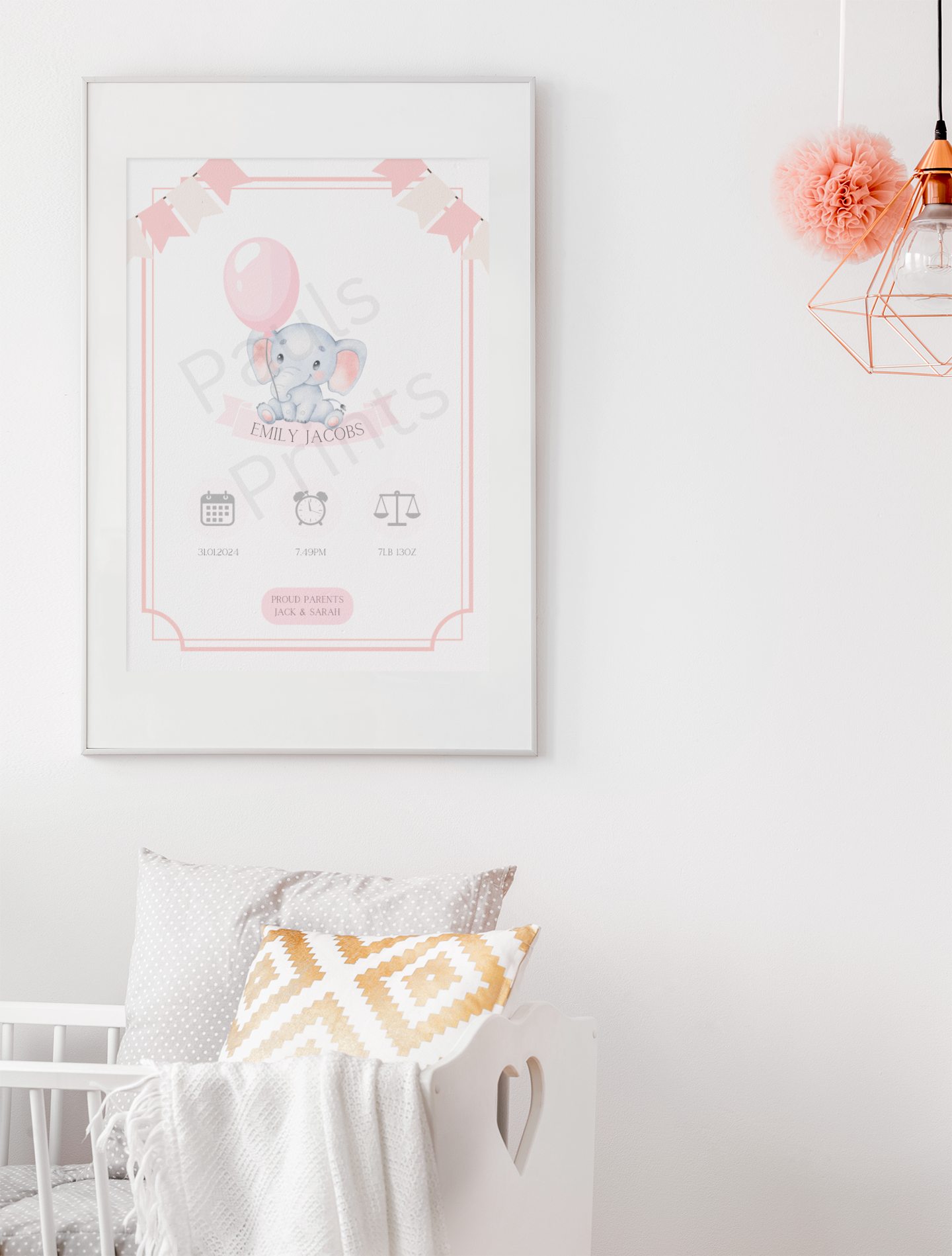 Personalised baby birth print featuring a cute pink elephant with balloon, styled in a white nursery with grey and mustard cushions.