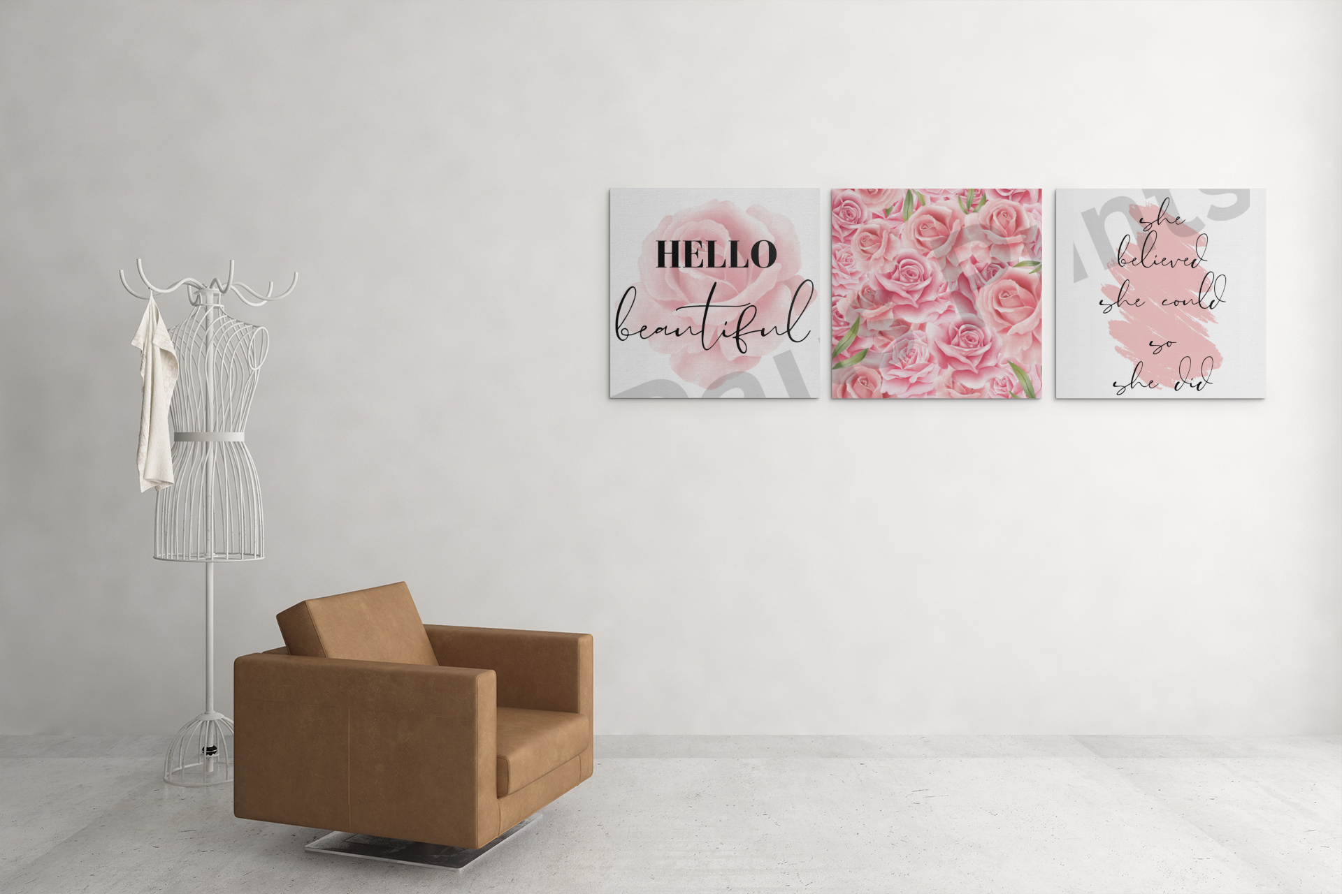 Three square canvas prints featuring a pink rose, a cluster of pink roses, and a handwritten quote, displayed above a modern brown armchair.