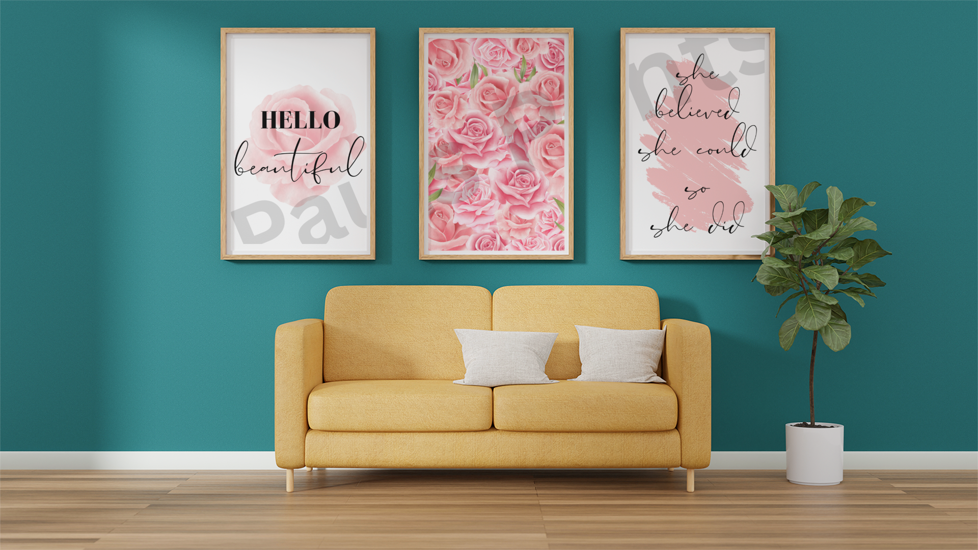 Three framed prints featuring a pink rose, a rose bouquet, and an inspirational quote, displayed on a teal wall above a yellow sofa.