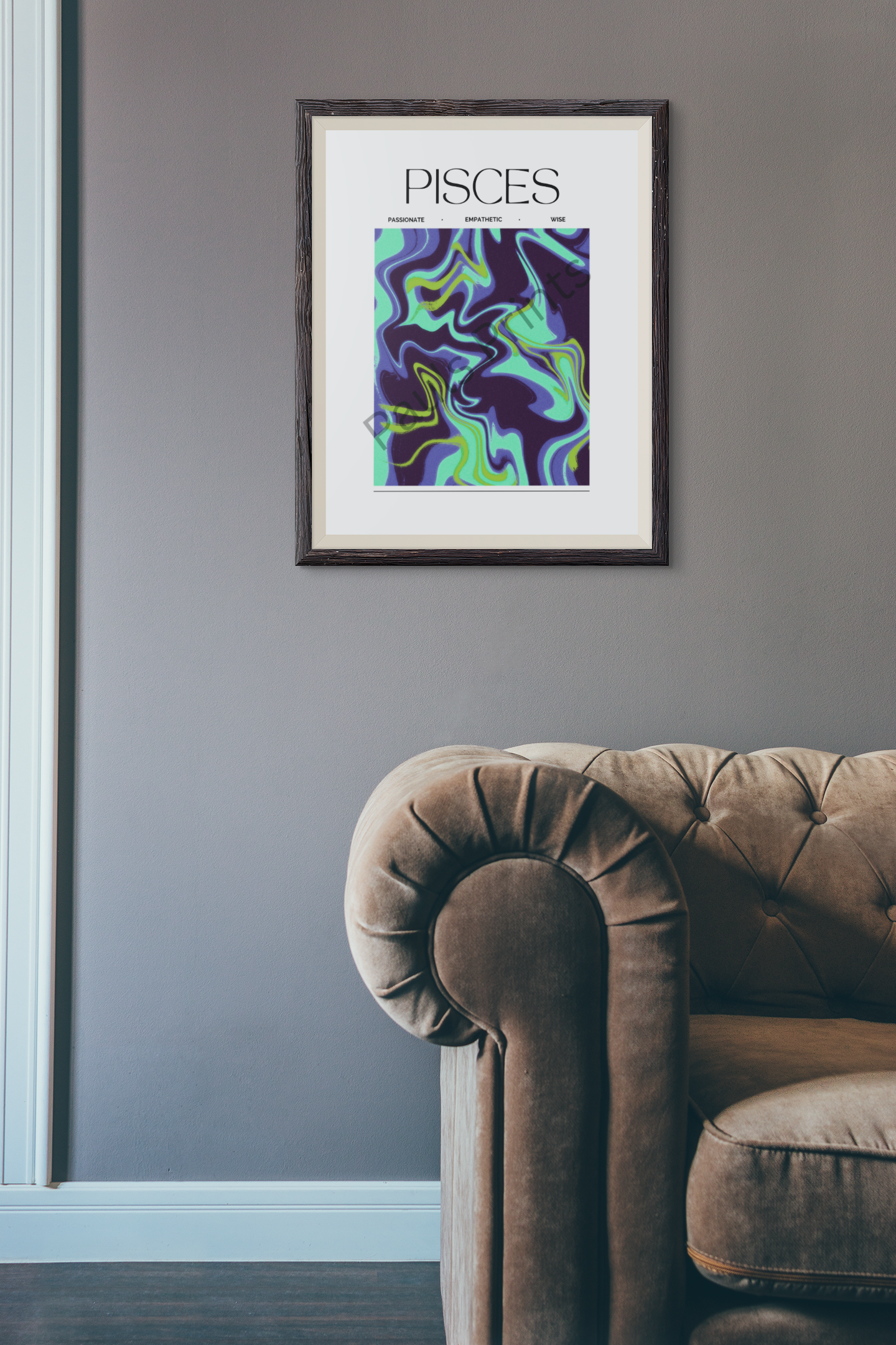 Framed Pisces zodiac print in purple, green, and blue hues, displayed above a brown velvet armchair in a neutral-toned room with traditional charm.