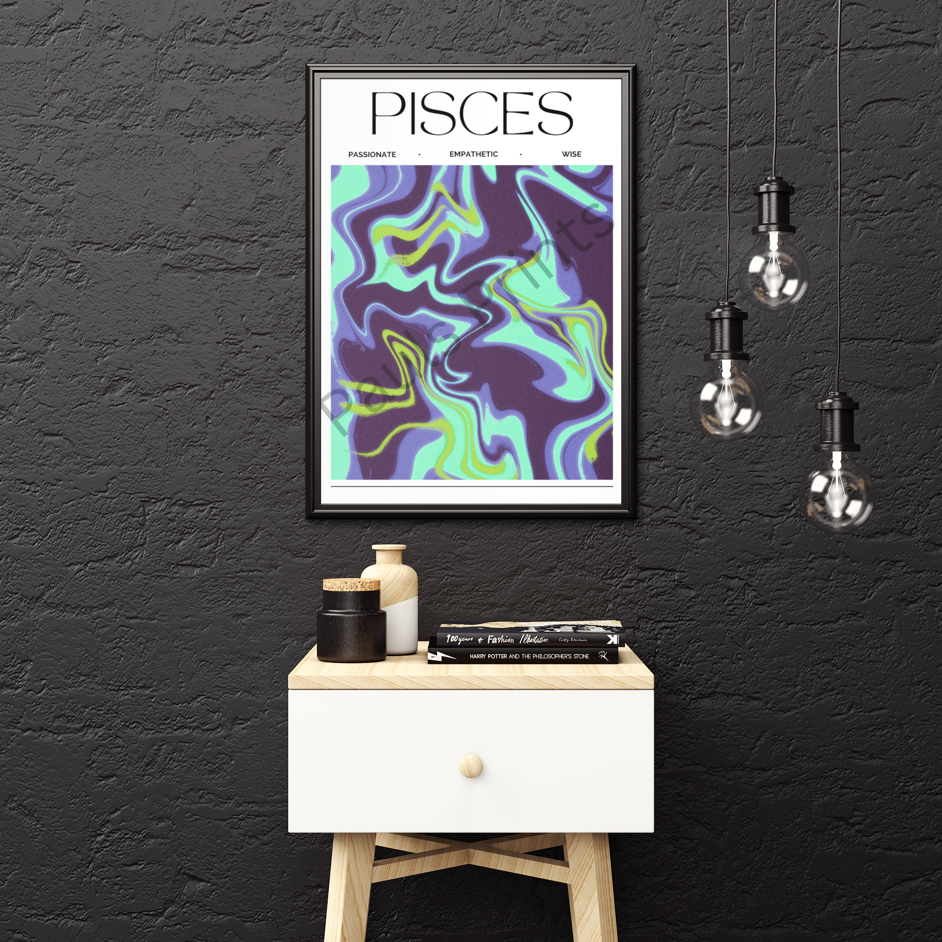 Pisces zodiac sign artwork with abstract swirls in cool colors, set in a black frame against a textured black wall with modern pendant lights and decor.